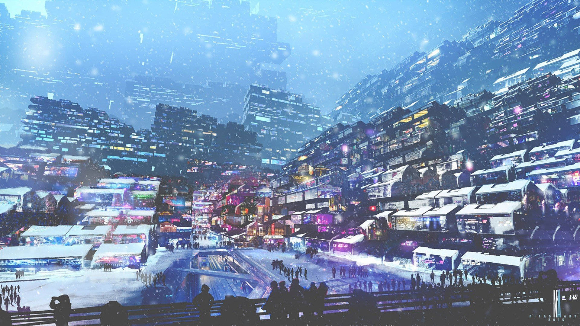 cyberpunk, terraced apartments, neon lights, Full HD Desktop Wallpaper
