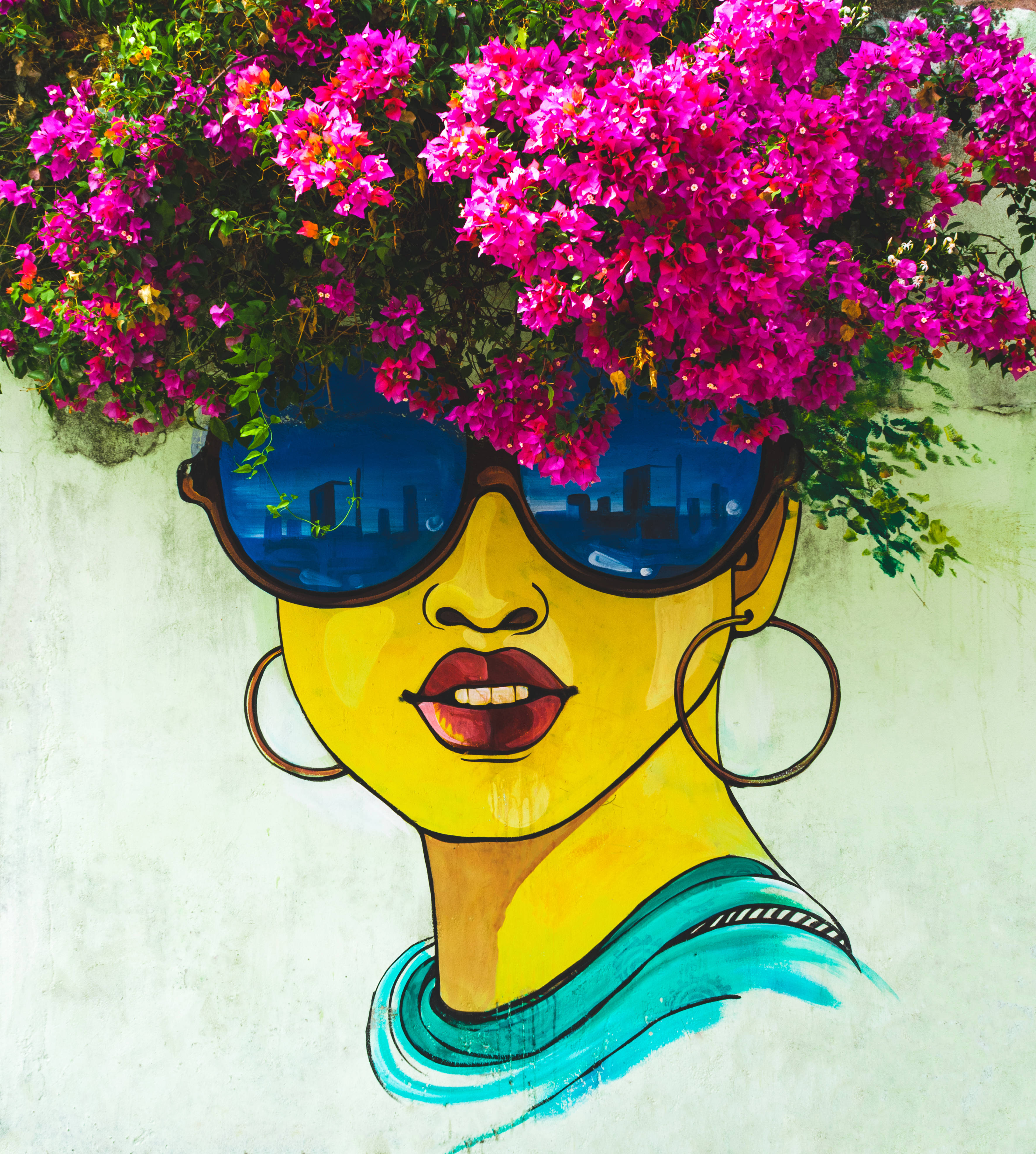 pink bougainvillea flowers, woman with flowers growing from her head, sunglasses reflecting a city skyline, 4K Phone Wallpaper