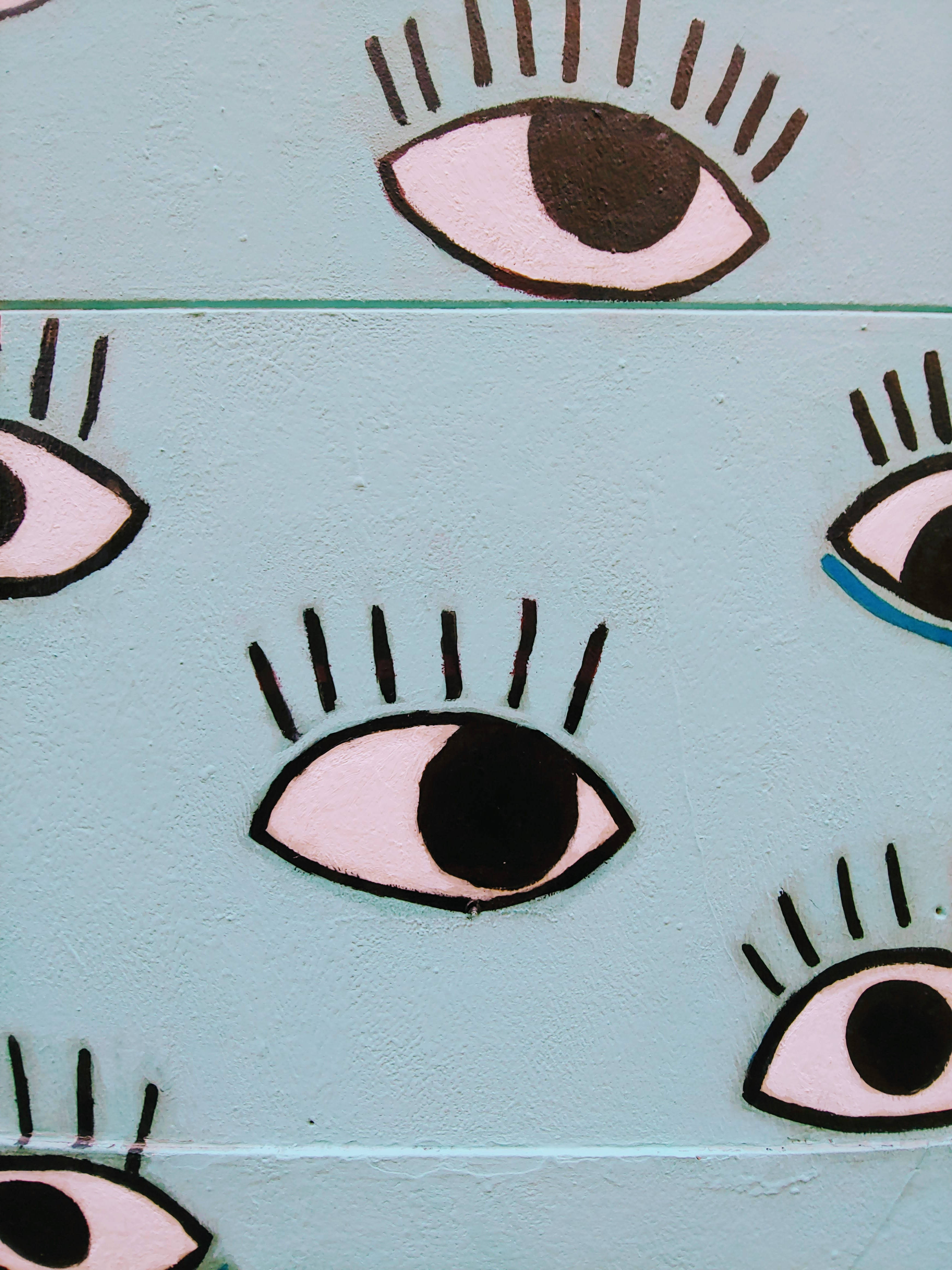cartoon eyes, black and pink, light blue wall surface, 4K Phone Wallpaper