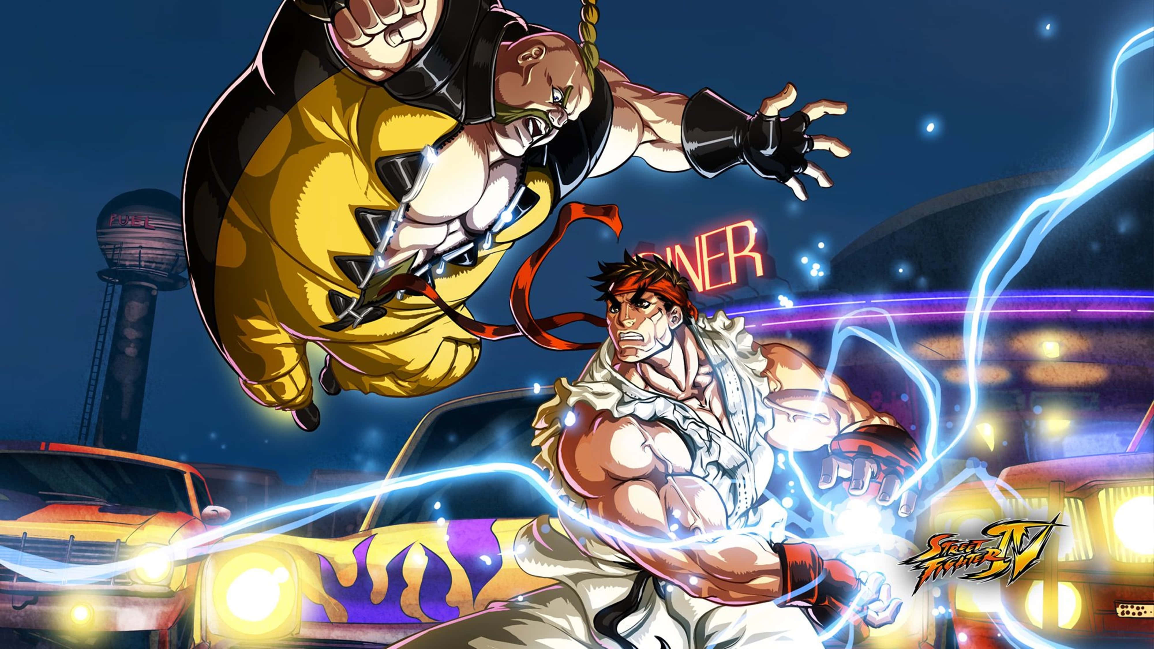 Street Fighter, neon-lit urban night scene, glowing energy effects, 4K Desktop Wallpaper