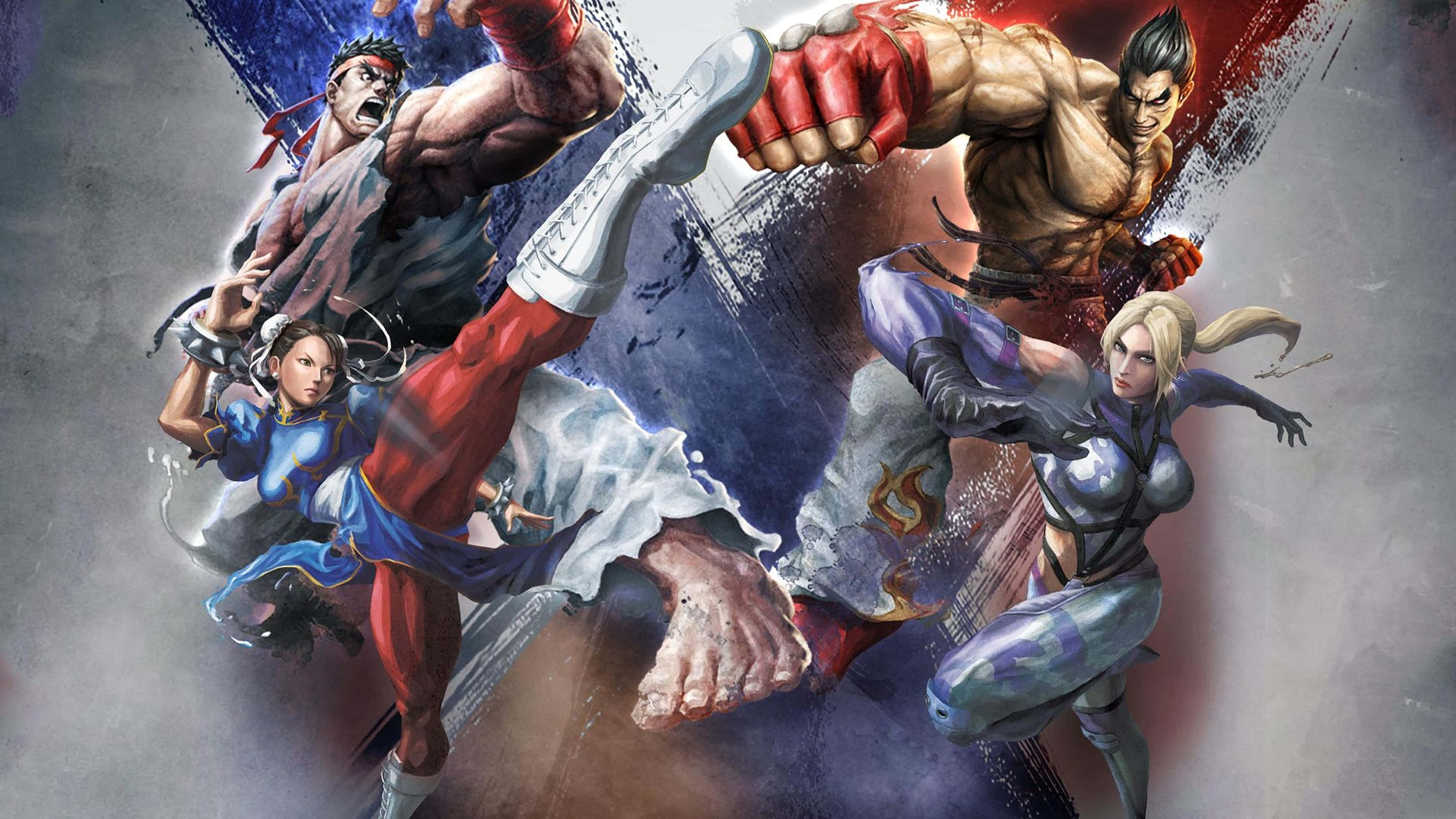 Street Fighter 4K, Four muscular fighters, midair, 4K Desktop Wallpaper