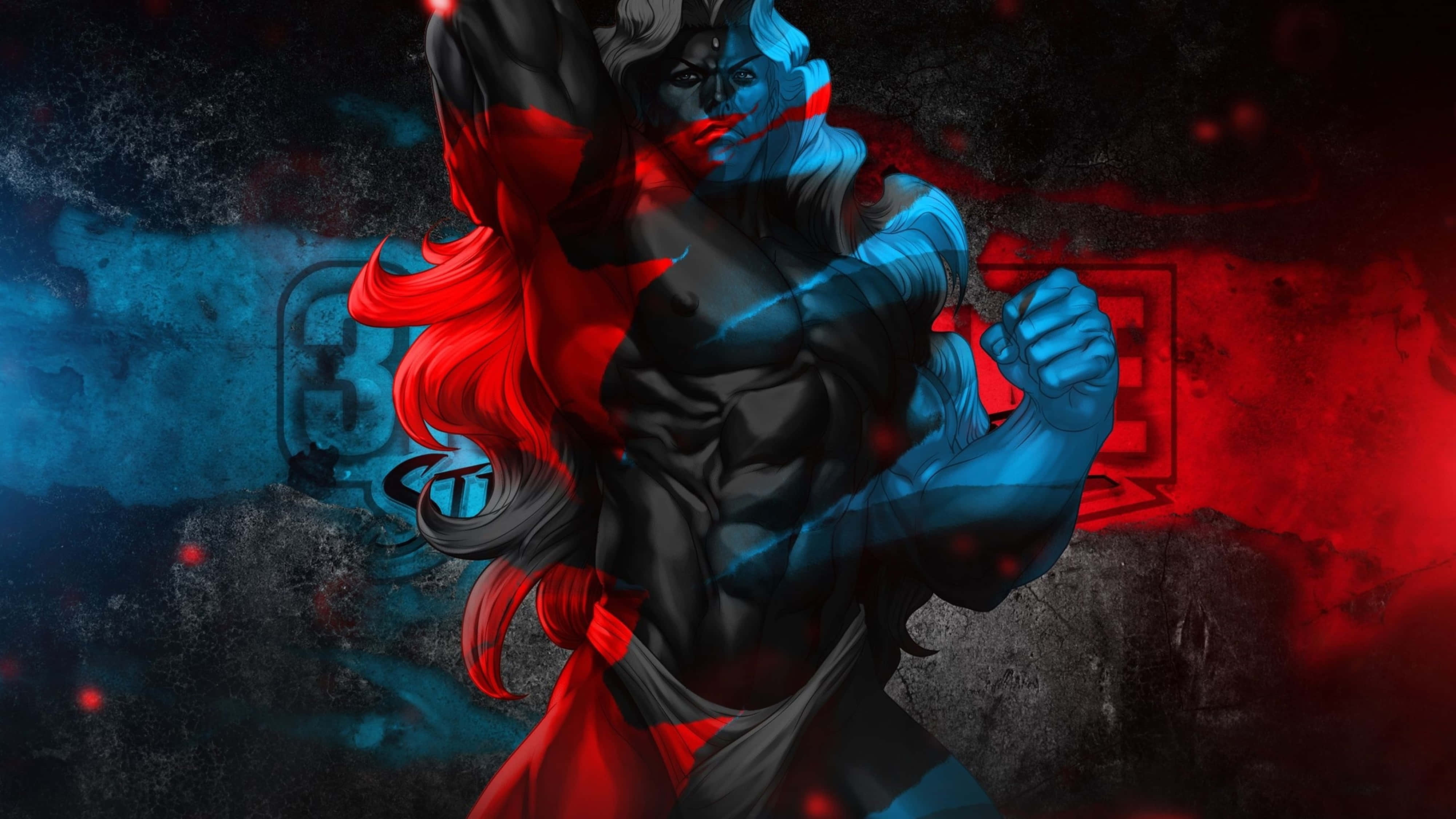 Street Fighter 4K, anime warrior, red and blue glowing halves, 4K Desktop Wallpaper
