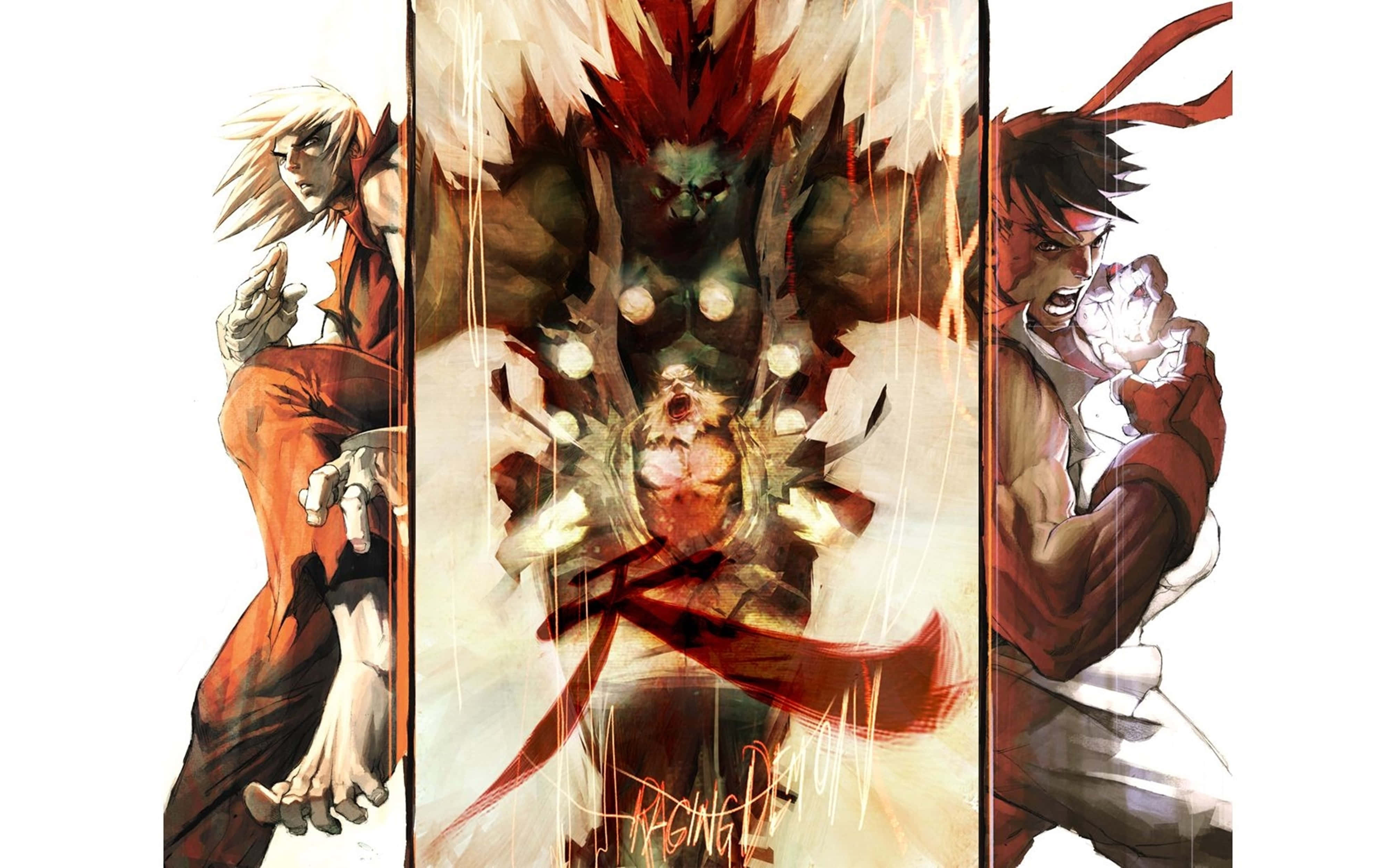 Street Fighter 4K, anime fighters, fiery energy effects, 4K Desktop Wallpaper