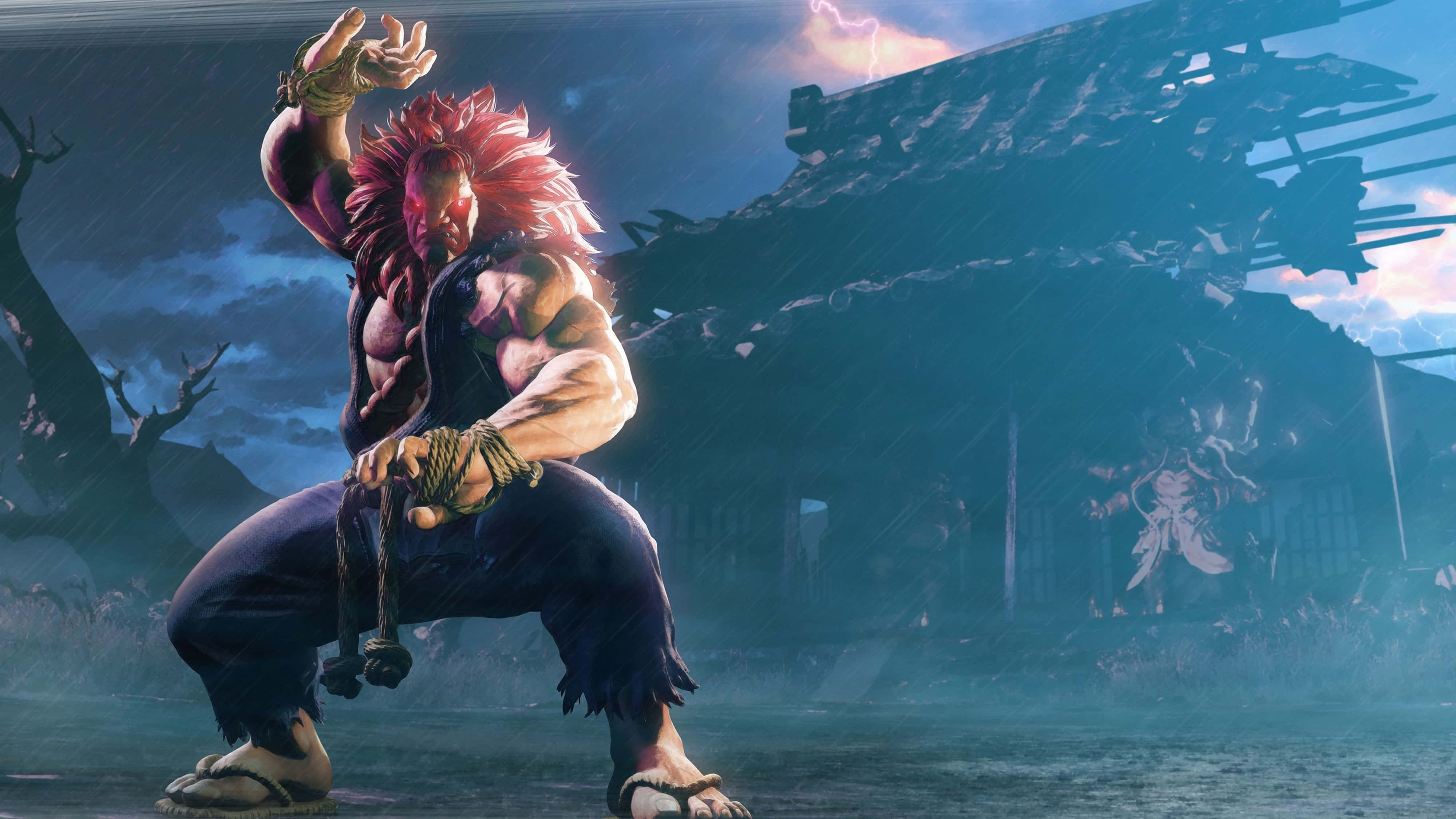 Street Fighter 4K, red-haired fighter, stormy sky, 4K Desktop Wallpaper