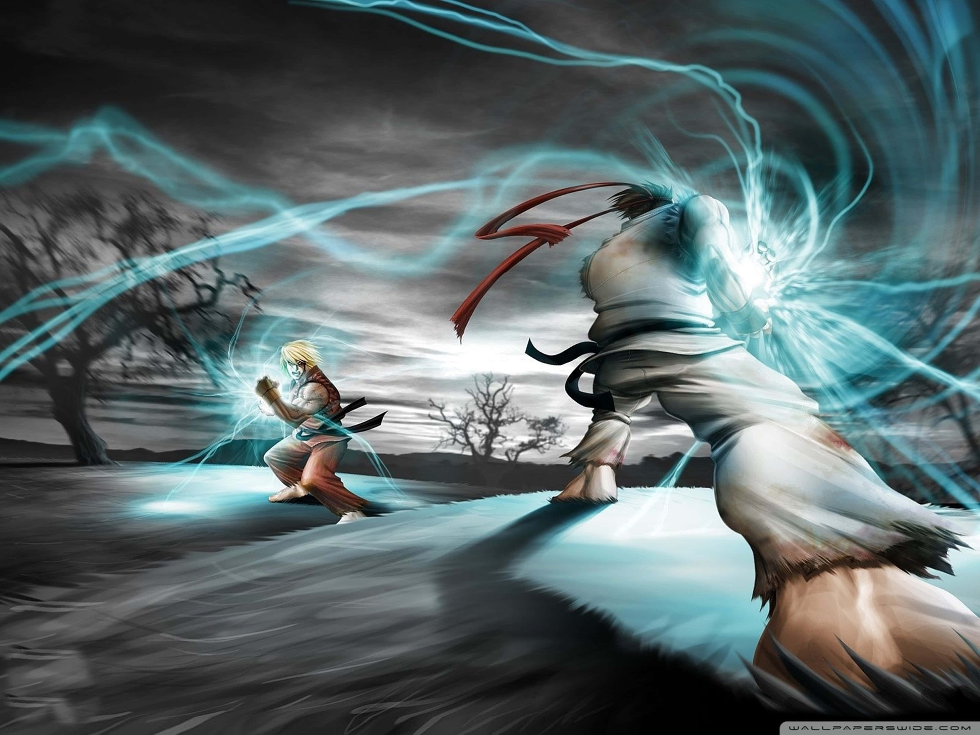 Street Fighter 4K, glowing blue energy attacks, stormy field, 4K Desktop Wallpaper