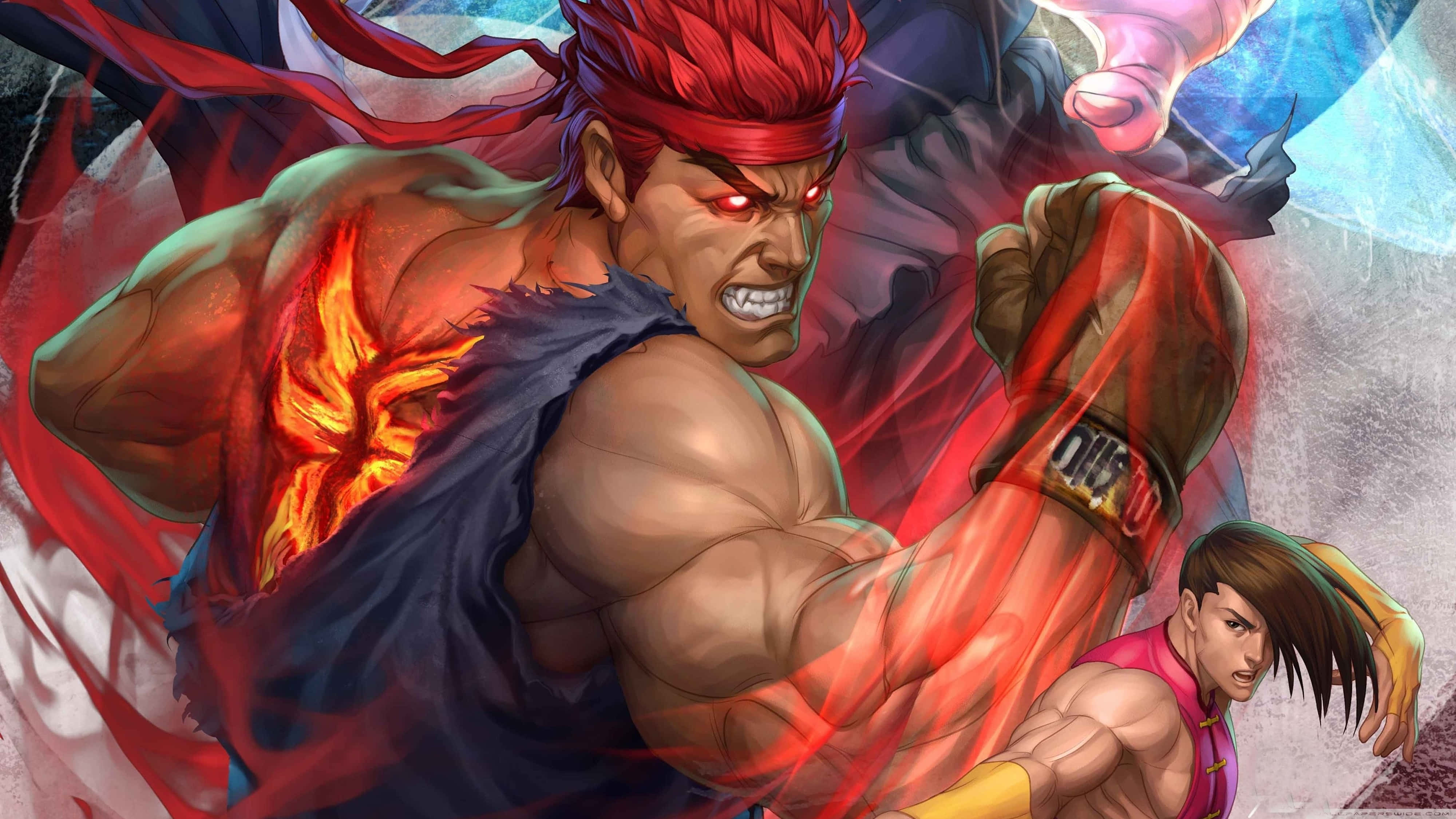 Street Fighter 4K, red-haired fighter, glowing eyes, 4K Desktop Wallpaper