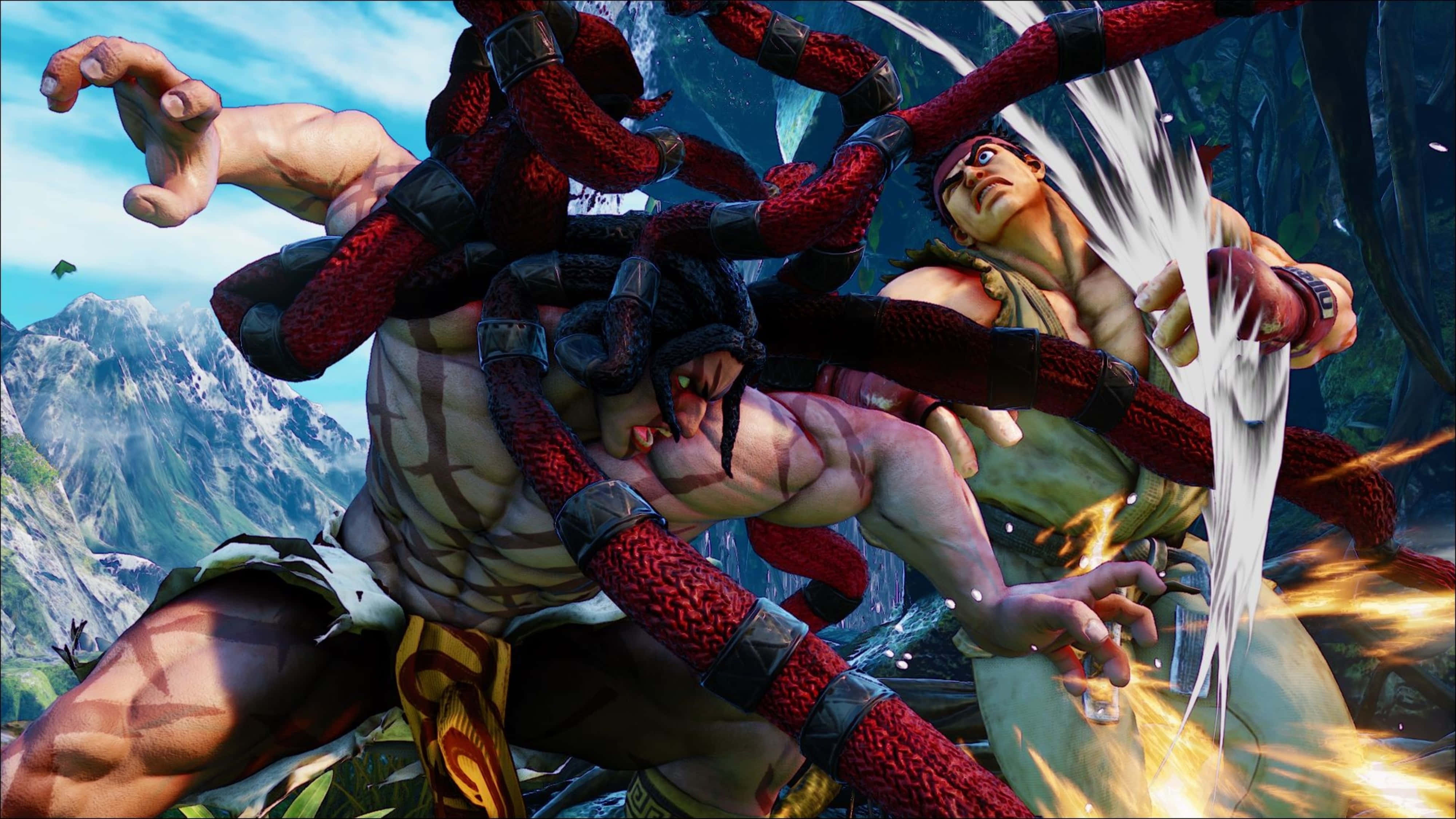 Street Fighter 4K, mountainous jungle, red tentacles, 4K Desktop Wallpaper