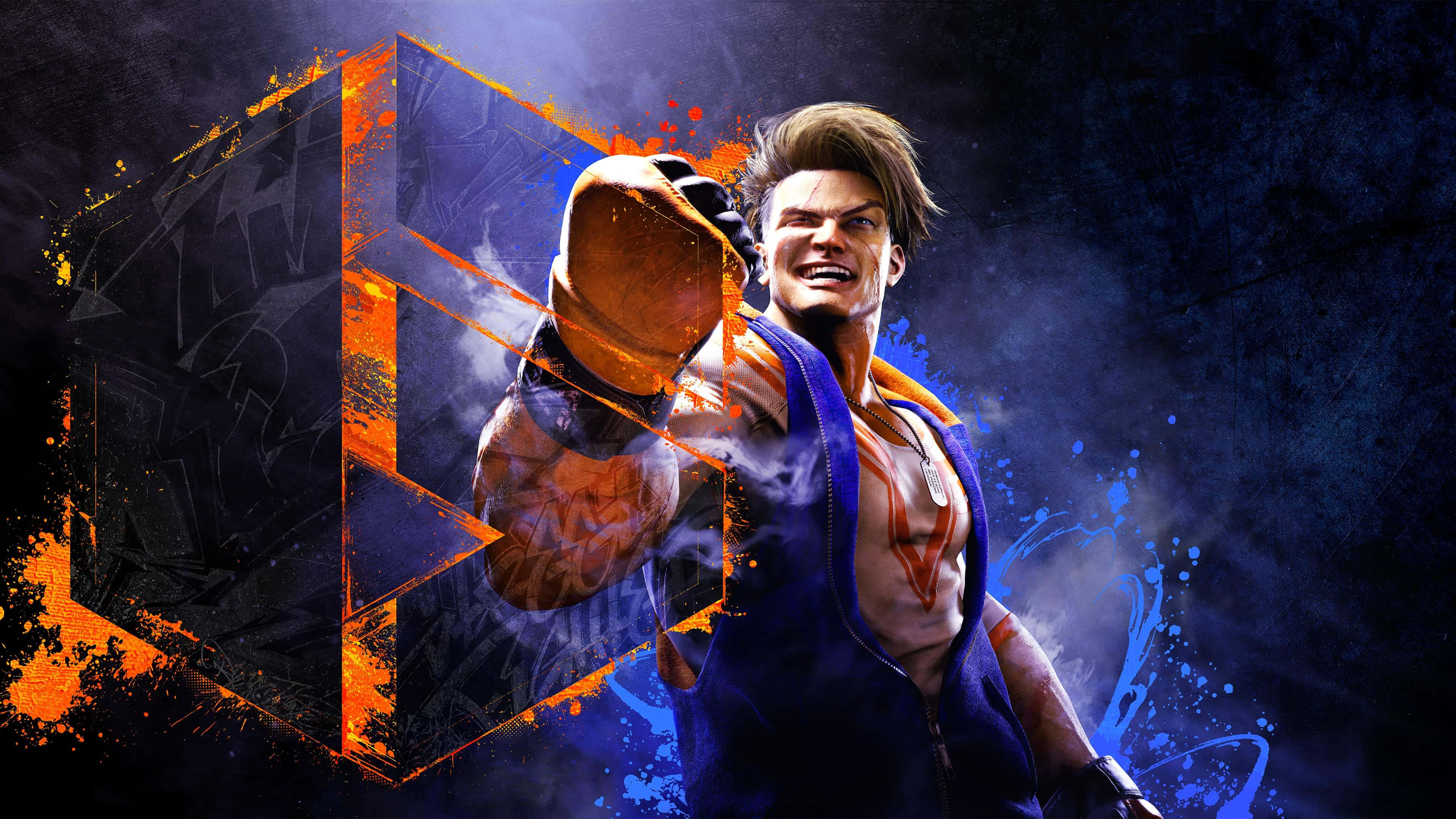 Street Fighter 6, blue jacket, glowing orange punch, 4K Desktop Wallpaper