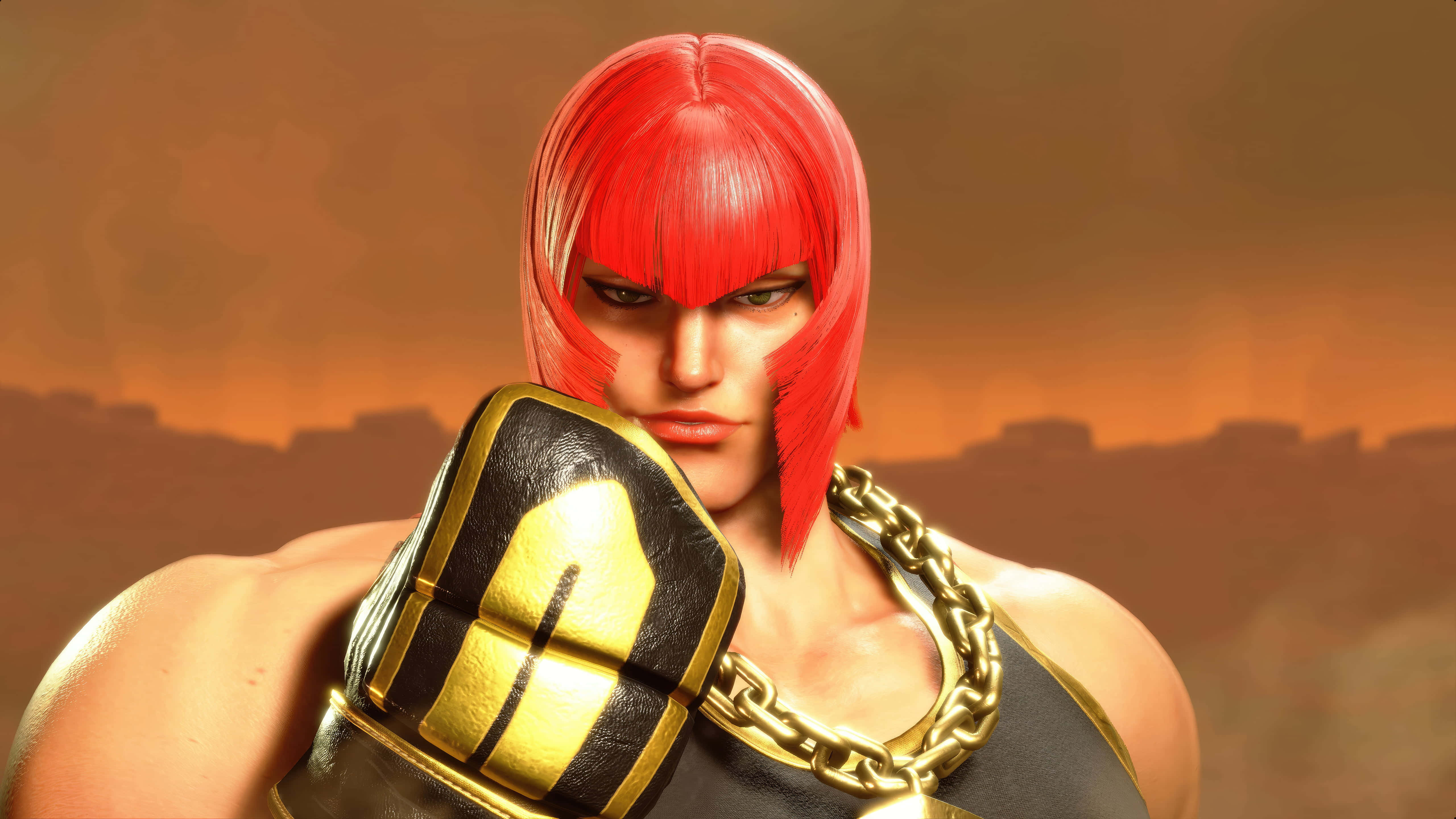 Street Fighter 6, red-haired fighter, gold and black boxing gloves, 5K Desktop Wallpaper