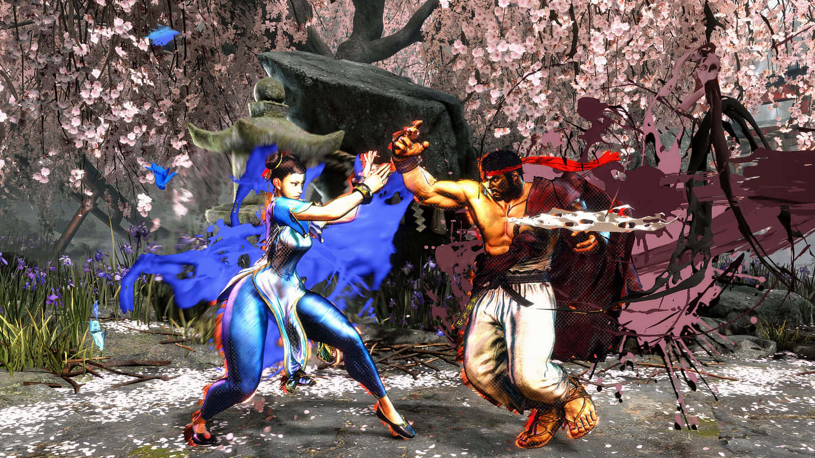 Street Fighter 6, cherry blossom garden, falling petals, HD Desktop Wallpaper