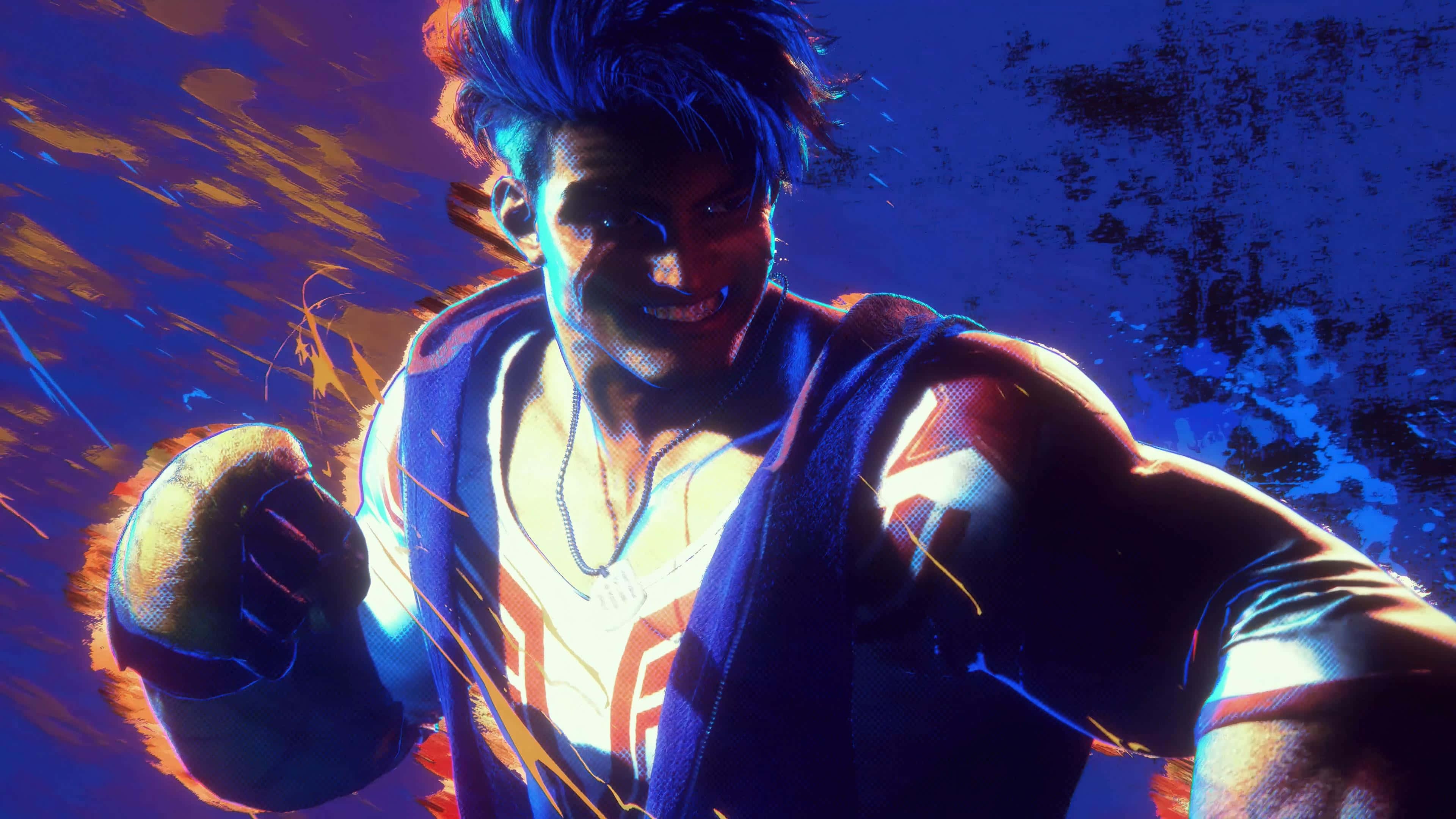 Street Fighter 6, muscular fighter, spiky blue hair, 4K Desktop Wallpaper