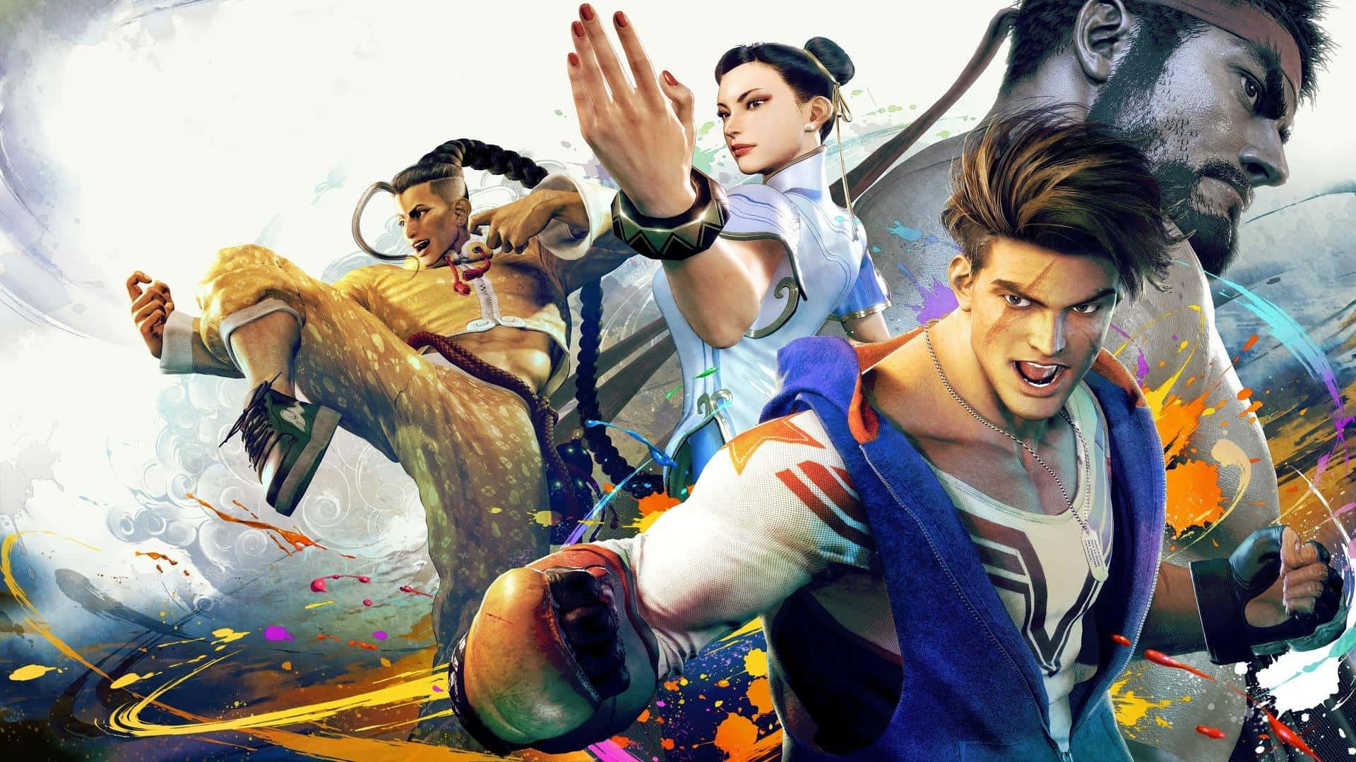 Street Fighter 6, anime-style fighters, colorful paint splatters, Full HD Desktop Wallpaper