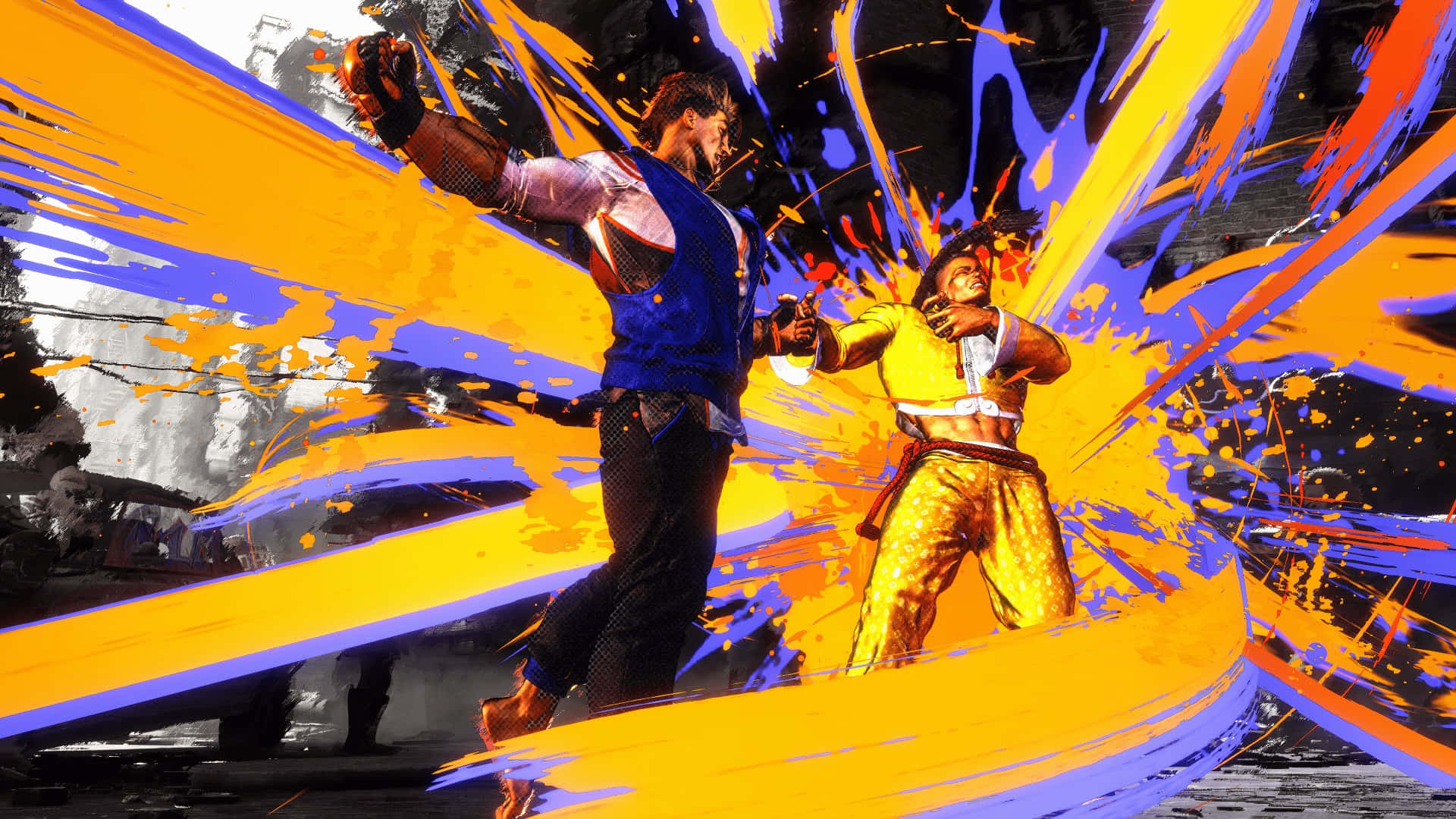 Street Fighter 6, orange and blue paint strokes, gritty urban backdrop, Full HD Desktop Wallpaper