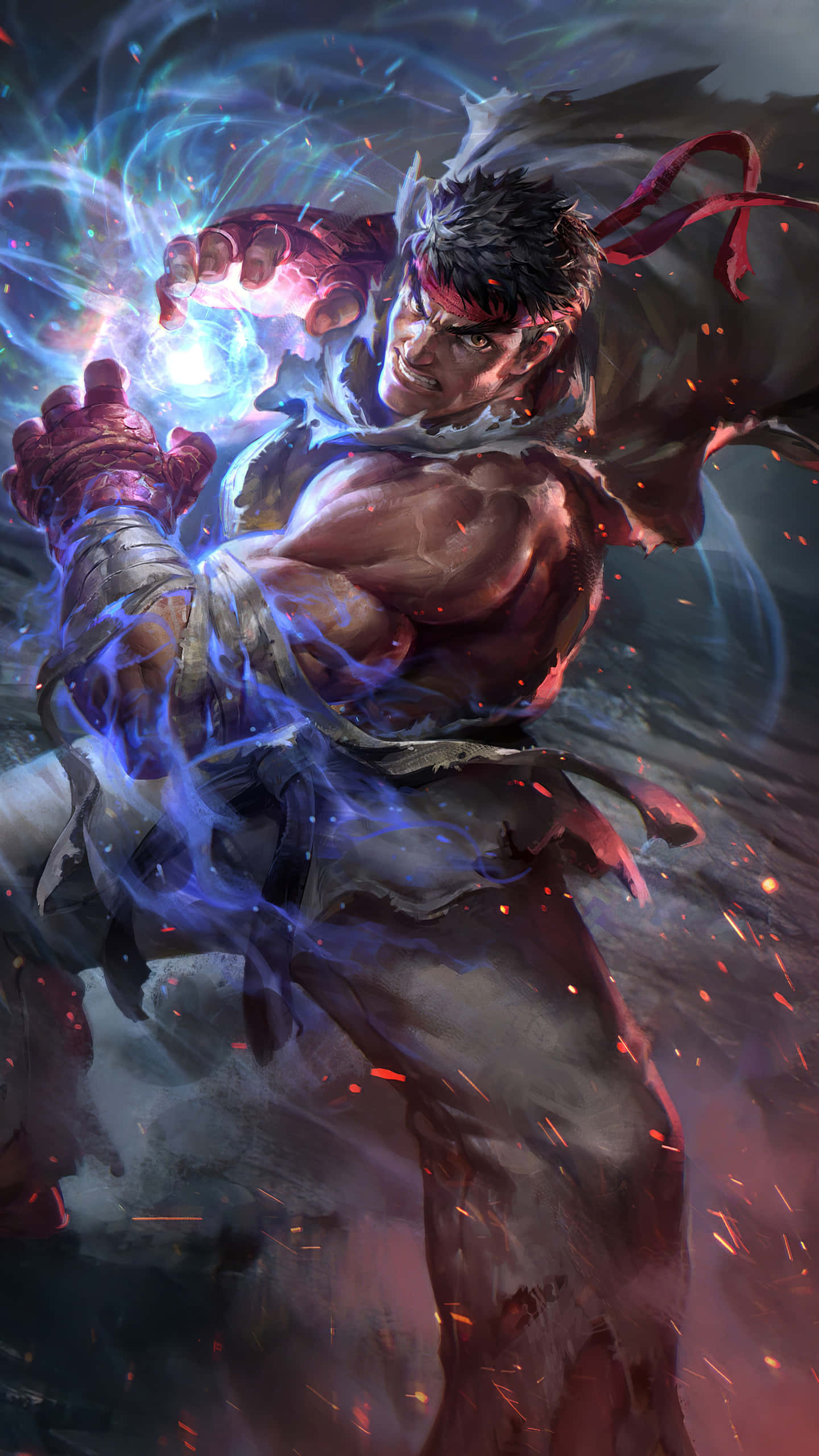 Street Fighter 6, red headband, glowing blue energy, 2K Phone Wallpaper