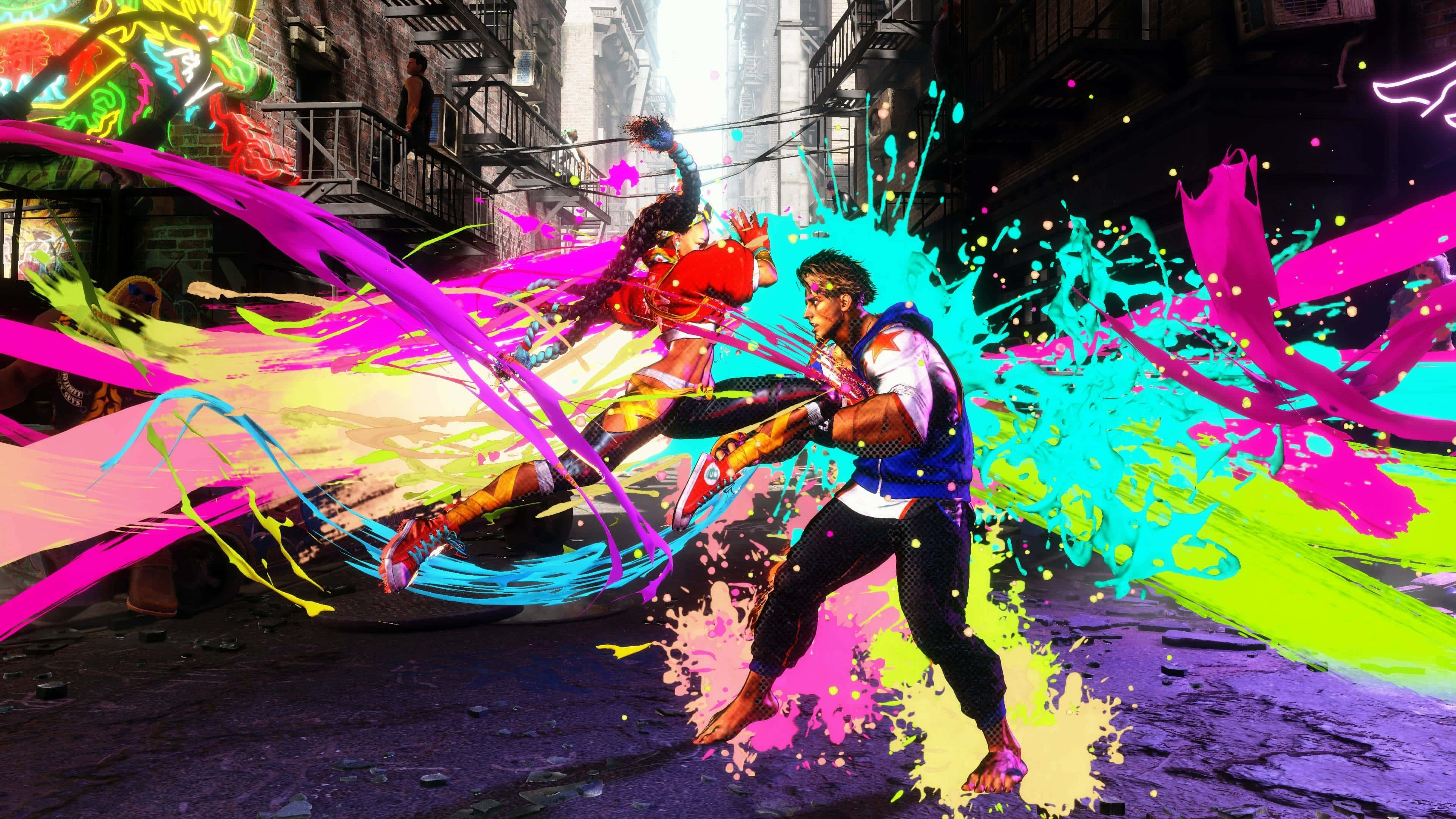 Street Fighter 6, neon-drenched alley, vibrant paint splatters, 4K Desktop Wallpaper