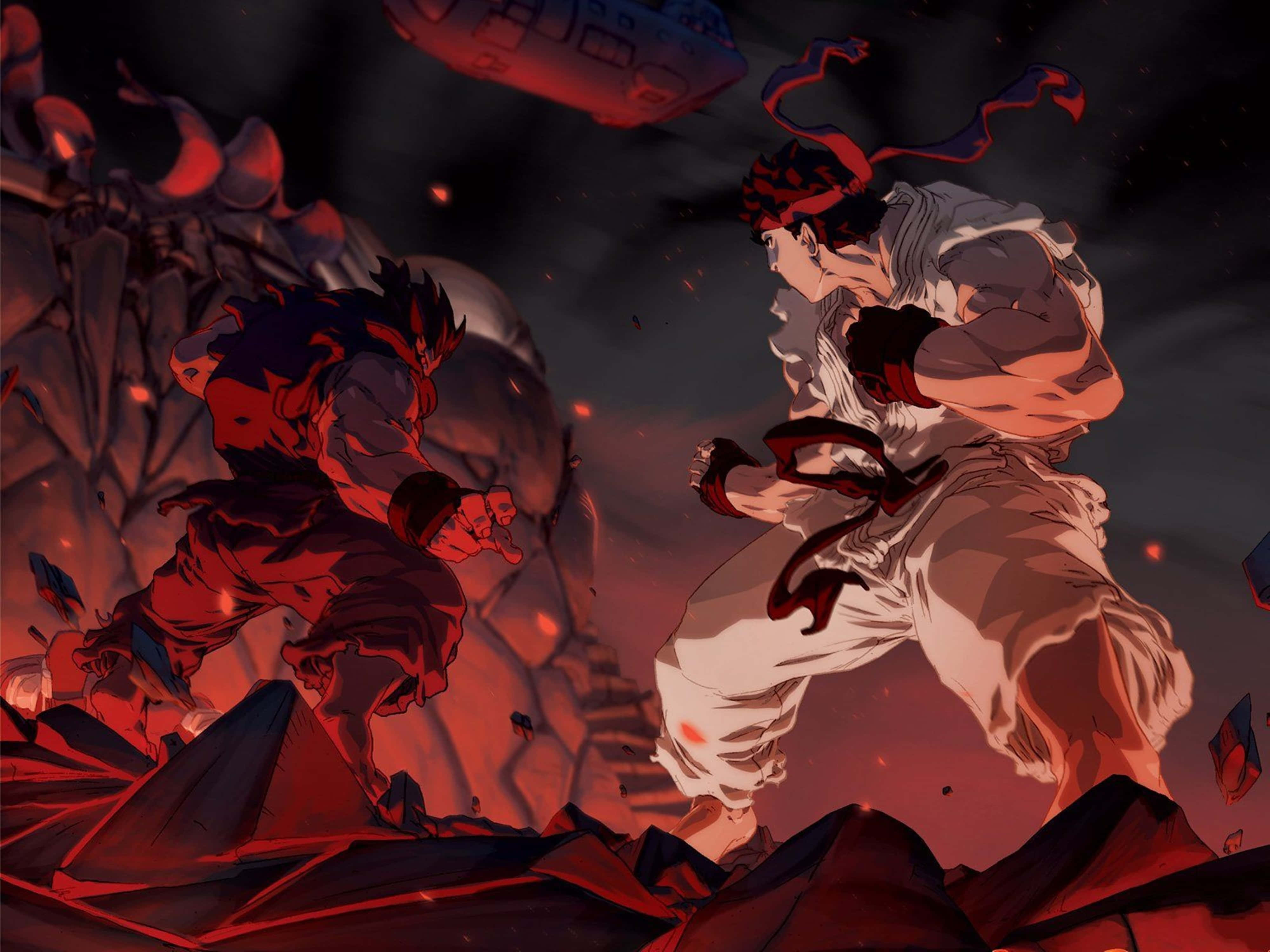 Street Fighter 4K, anime fighters, fiery red battlefield, 4K Desktop Wallpaper