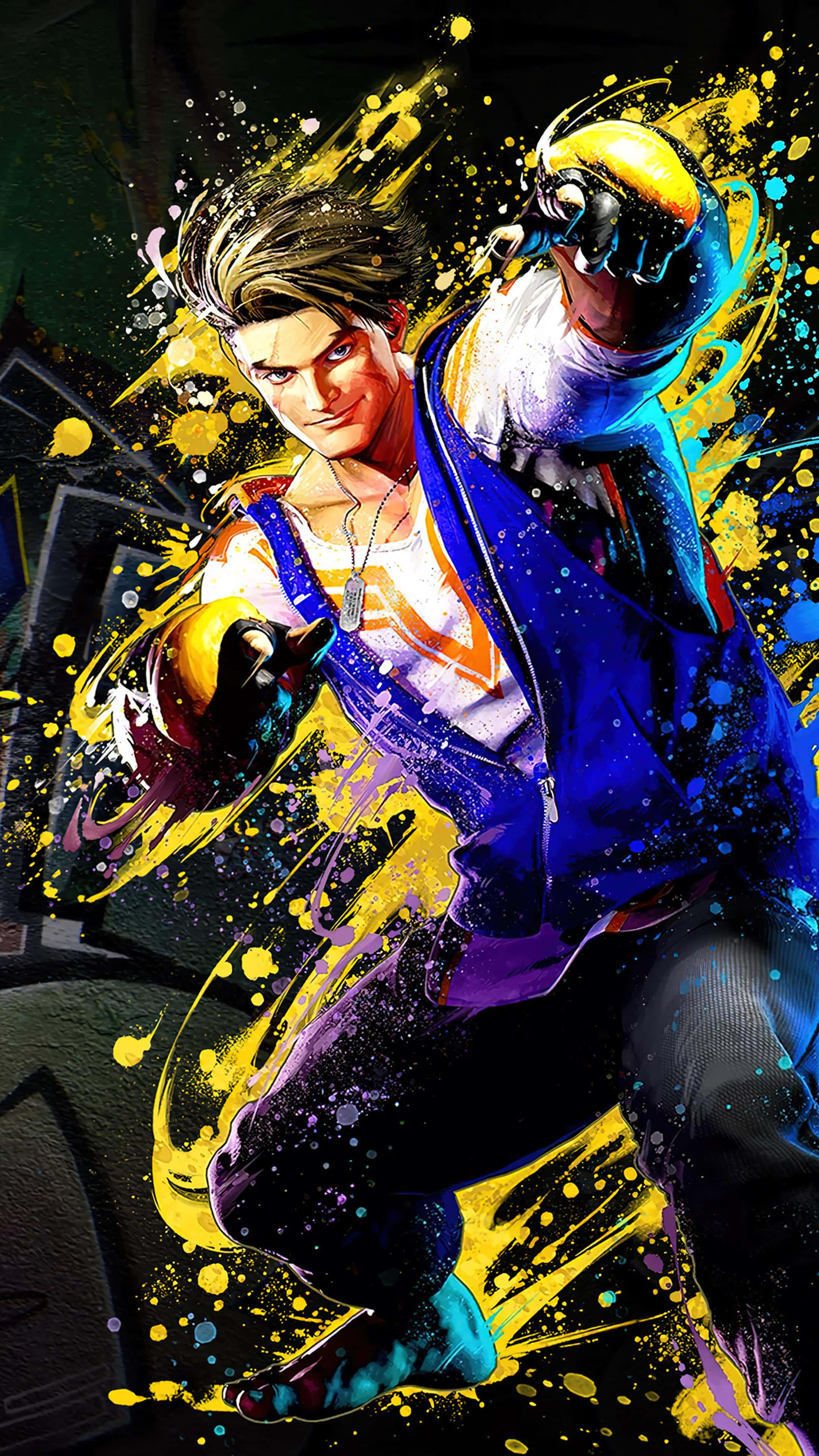 Street Fighter 6, blue jacket, yellow paint-splatter attack, 4K Phone Wallpaper