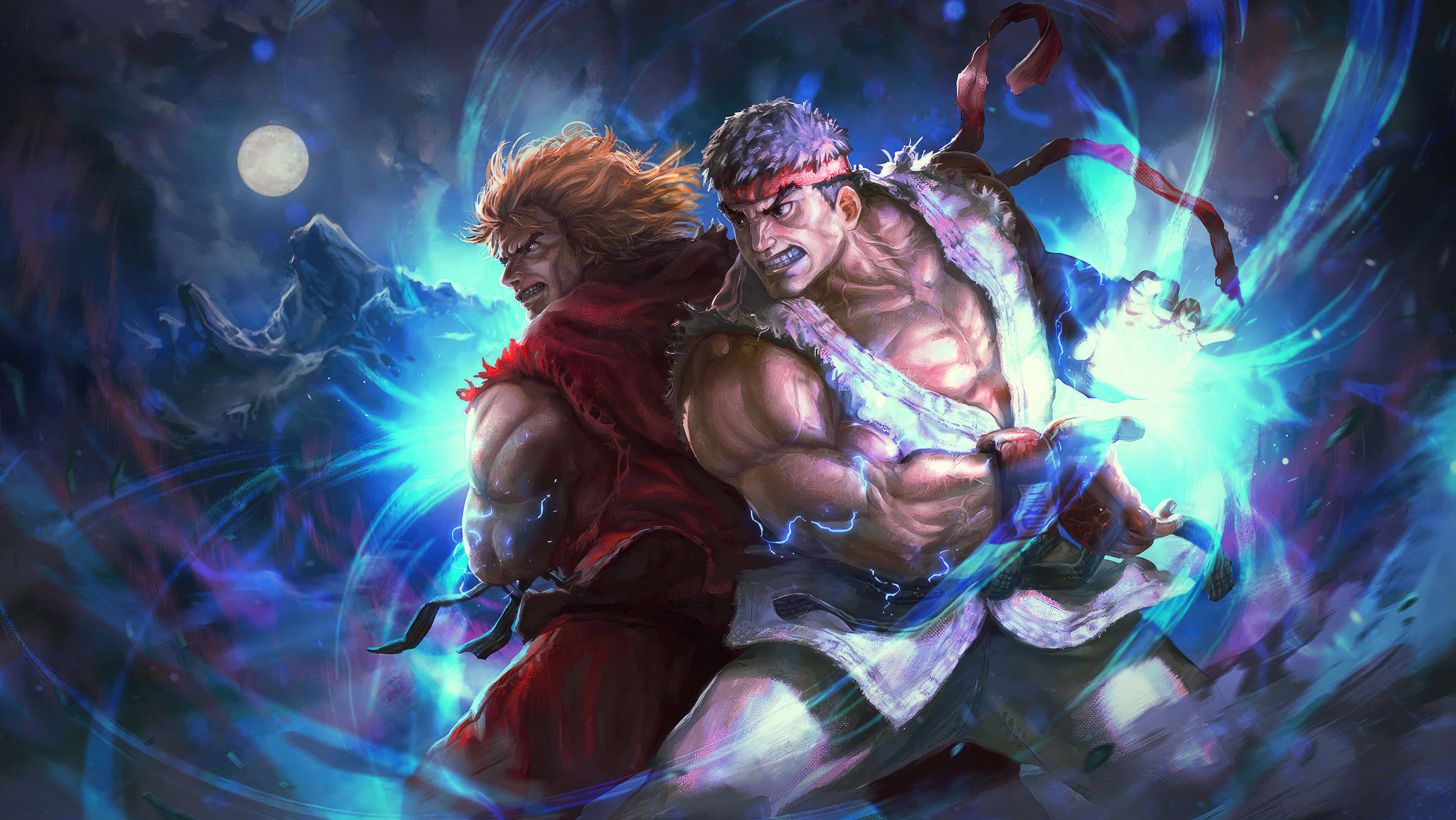 Street Fighter Alpha, epic battle, glowing blue energy storm, 4K Desktop Wallpaper