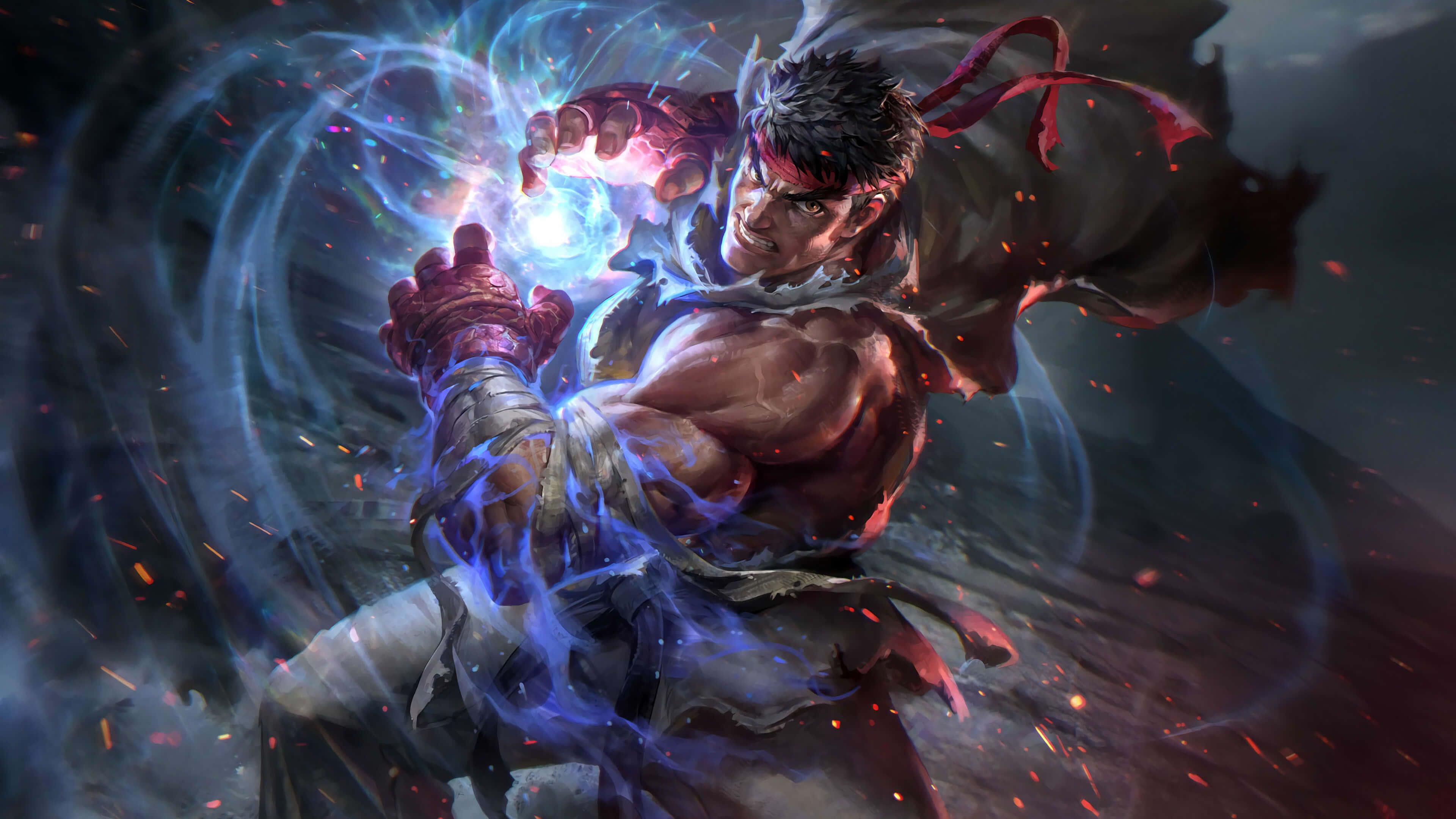 Street Fighter, glowing blue energy, fiery sparks, 4K Desktop Wallpaper