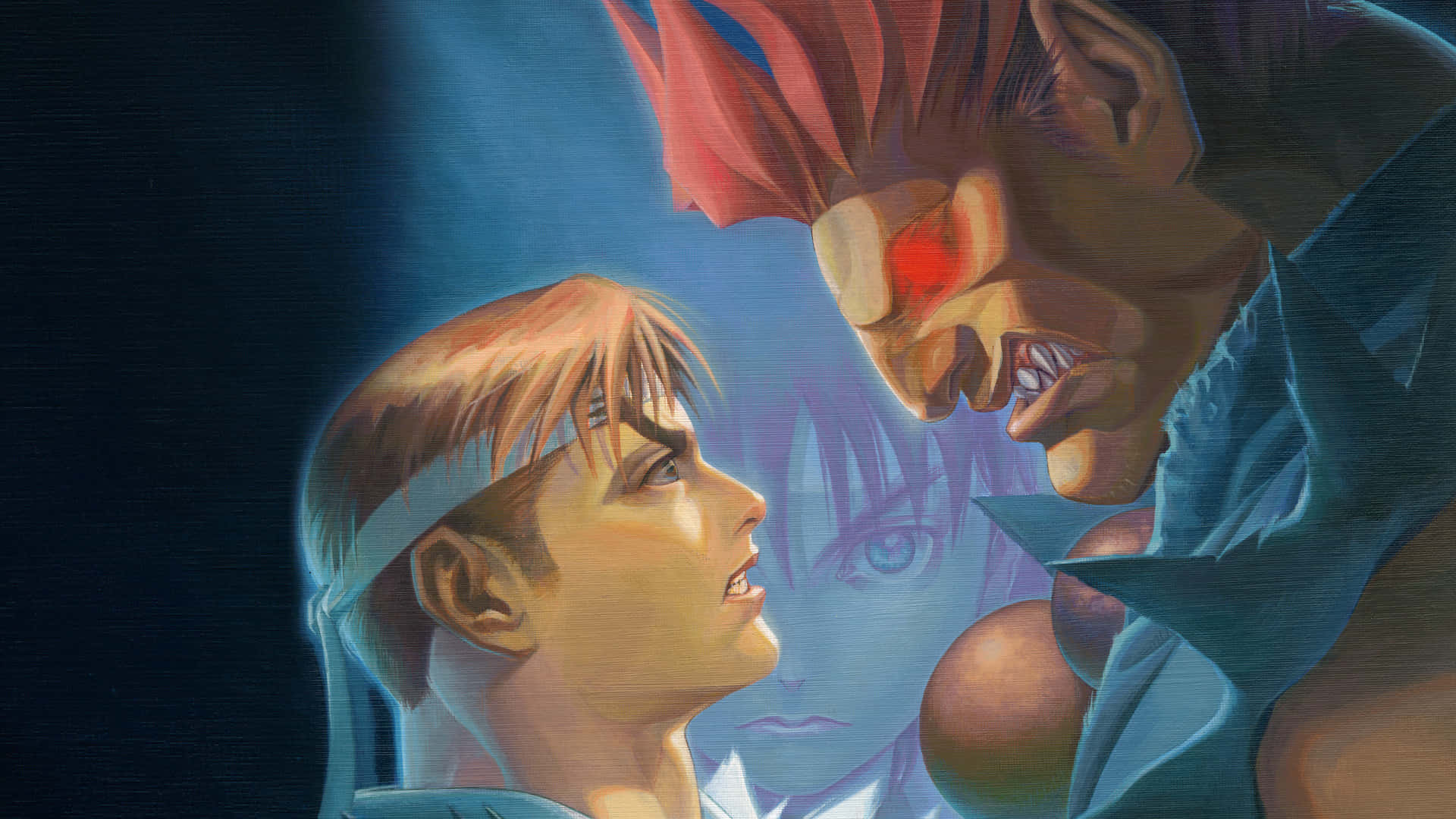 Street Fighter Alpha, anime-style confrontation, blue spotlight, Full HD Desktop Wallpaper