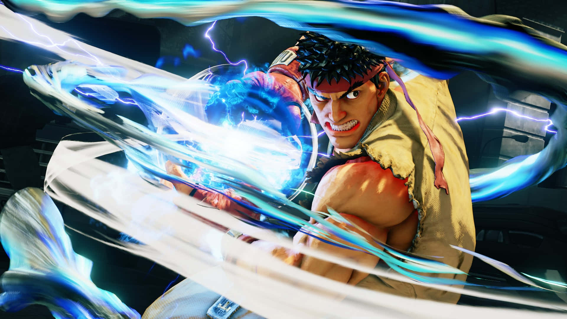 Street Fighter, red headband, glowing blue energy blast, Full HD Desktop Wallpaper