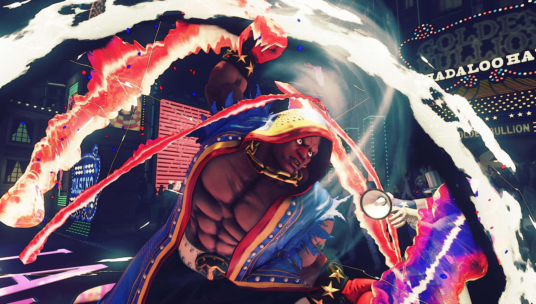 Street Fighter Balrog, blue and gold outfit, fiery red energy blast, HD Desktop Wallpaper