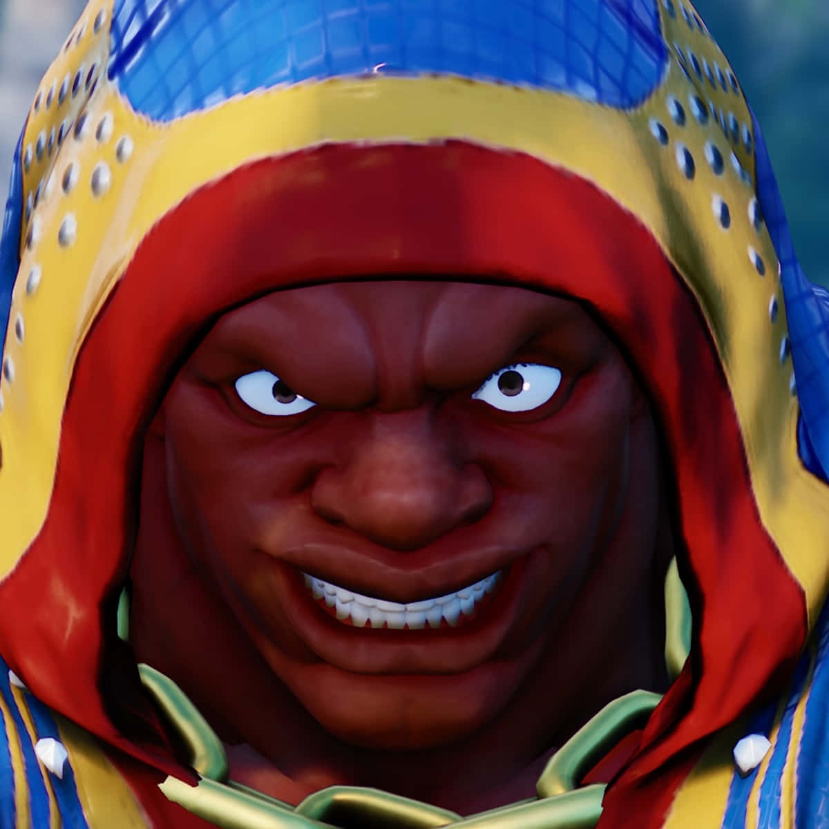 Street Fighter Balrog, red face, blue yellow and red hooded outfit, SD Desktop Wallpaper