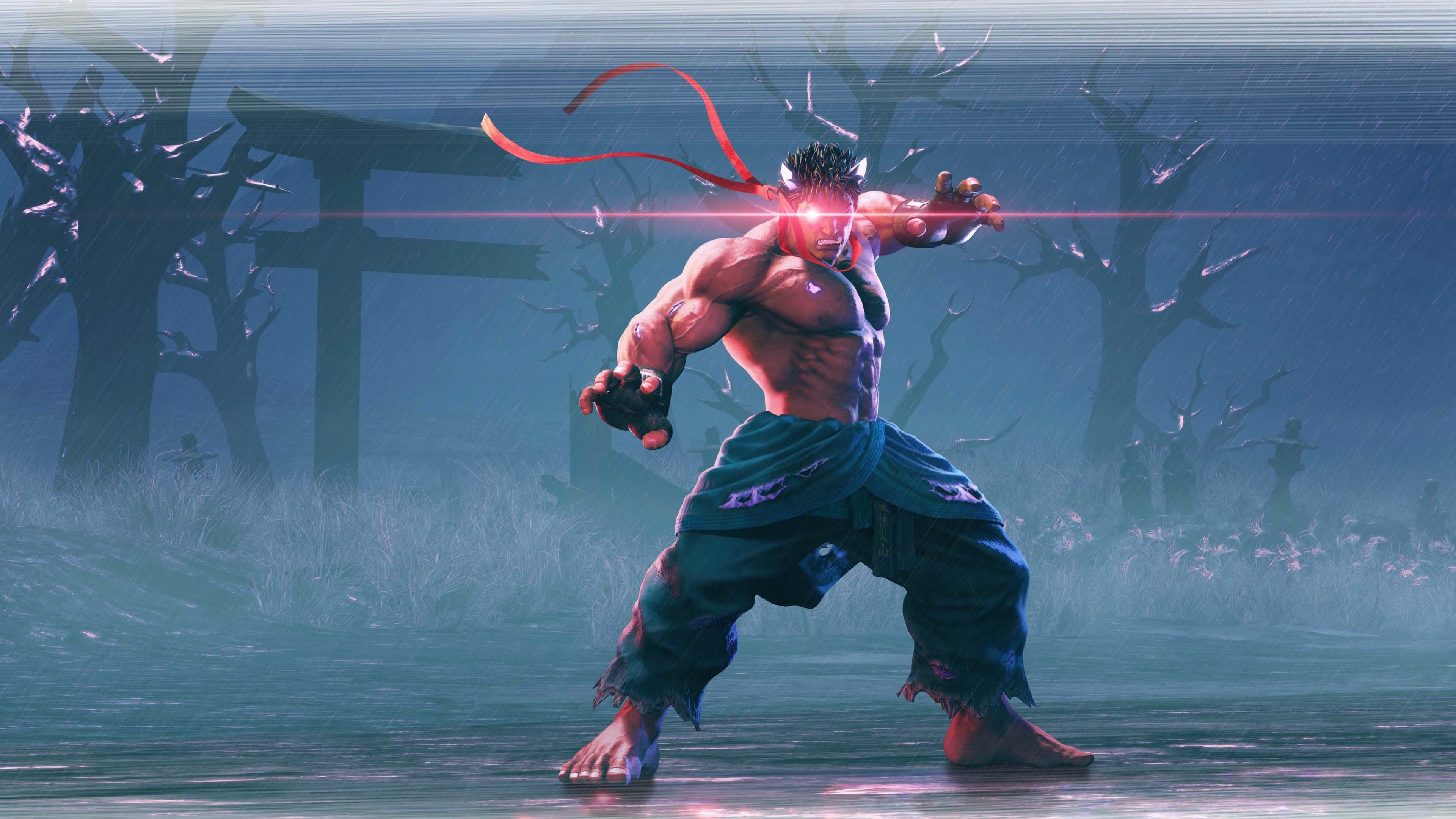 Street Fighter Characters, glowing red eyes, red ribbon, 4K Desktop Wallpaper