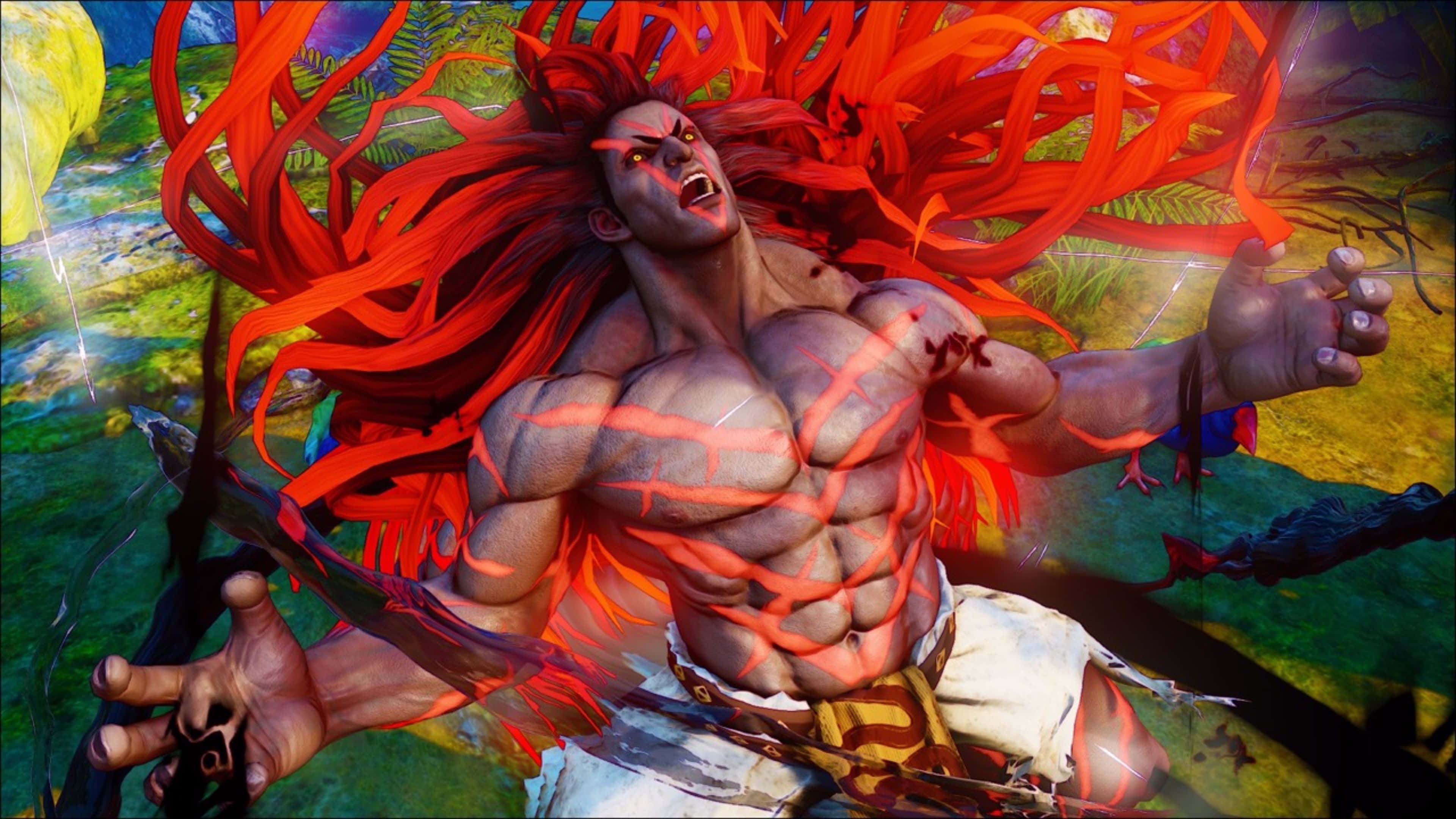 Street Fighter characters, muscular anime warrior, fiery red hair, 4K Desktop Wallpaper