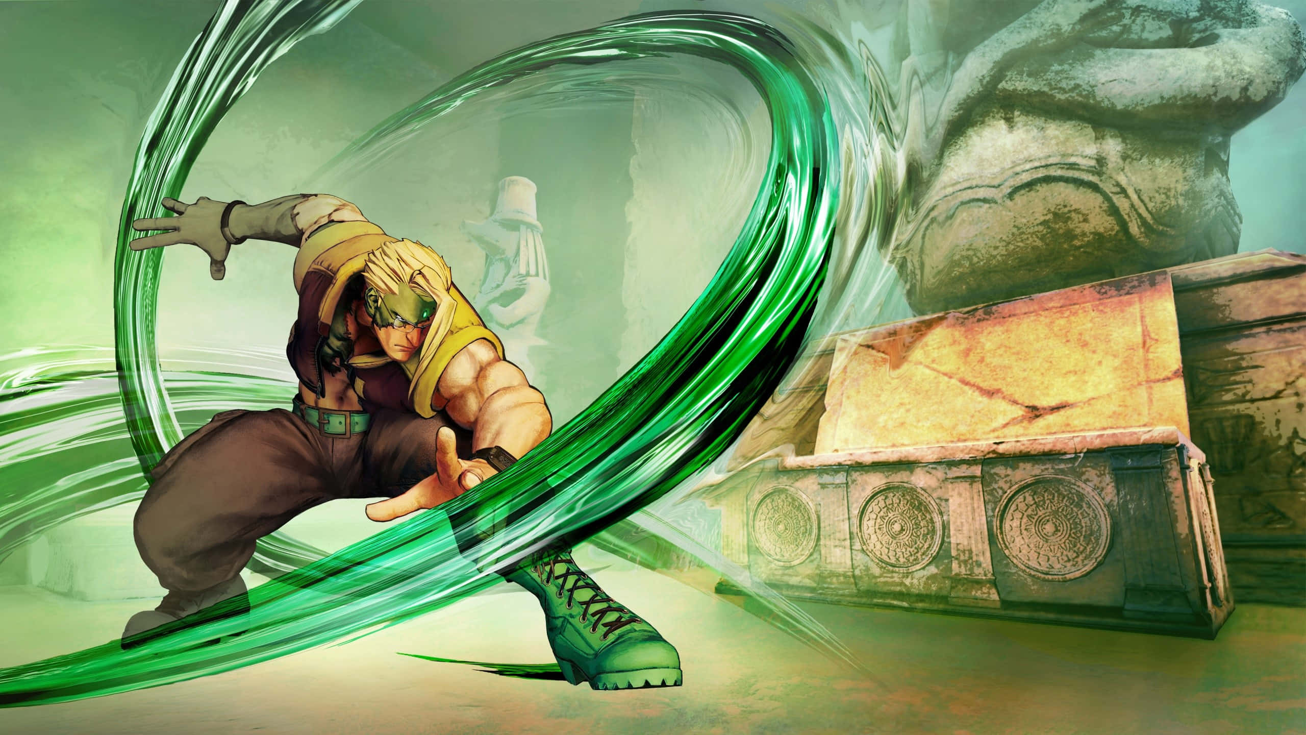 Street Fighter Characters, green eyes, swirling green energy ring, 2K Desktop Wallpaper