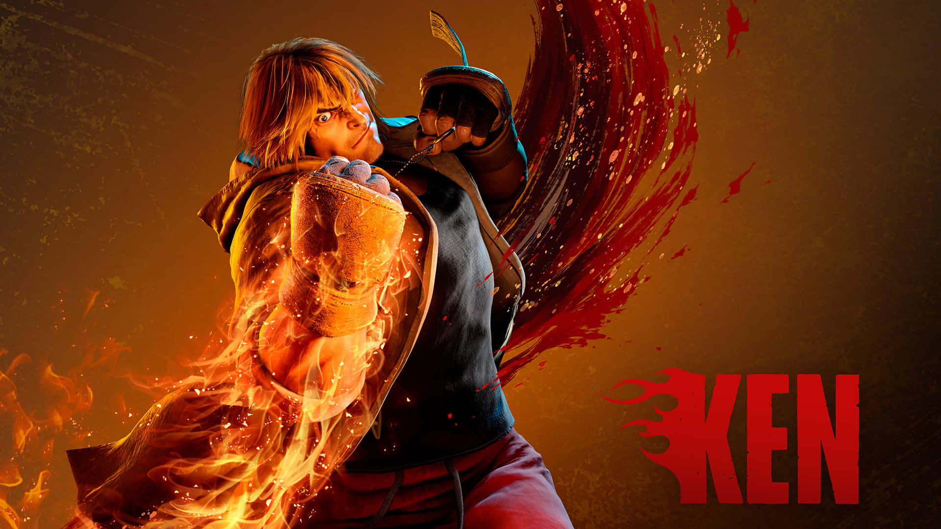 Street Fighter Characters, fiery martial artist, blood splatter, Full HD Desktop Wallpaper