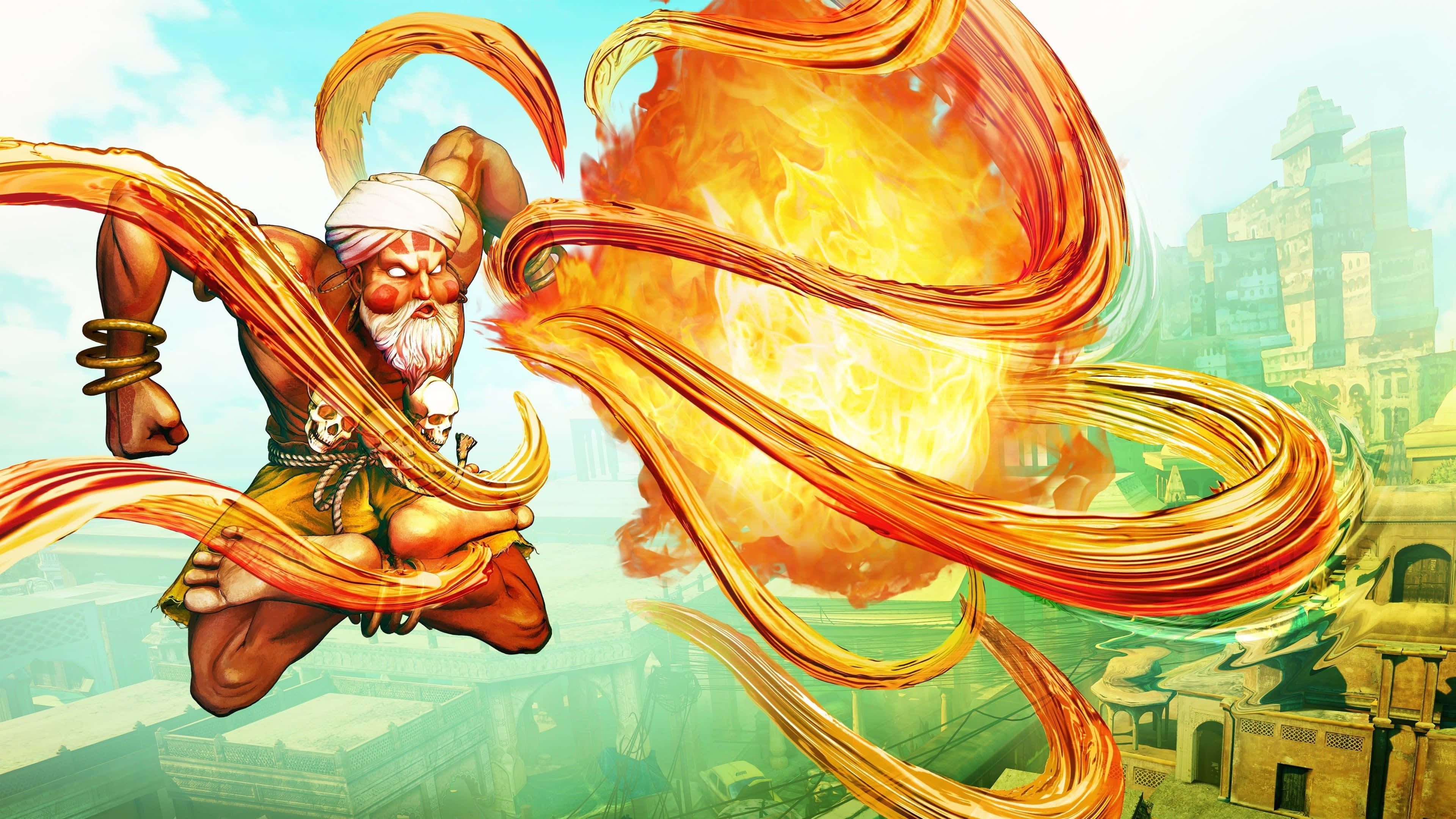 Street Fighter Dhalsim, fire breath, white turban, 4K Desktop Wallpaper