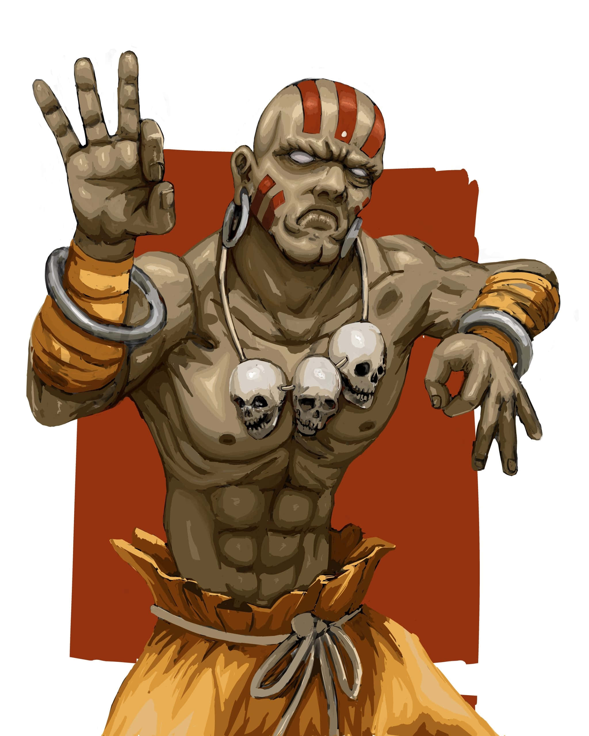 Street Fighter Dhalsim, red tribal markings, three skulls on his chest, 2K Phone Wallpaper