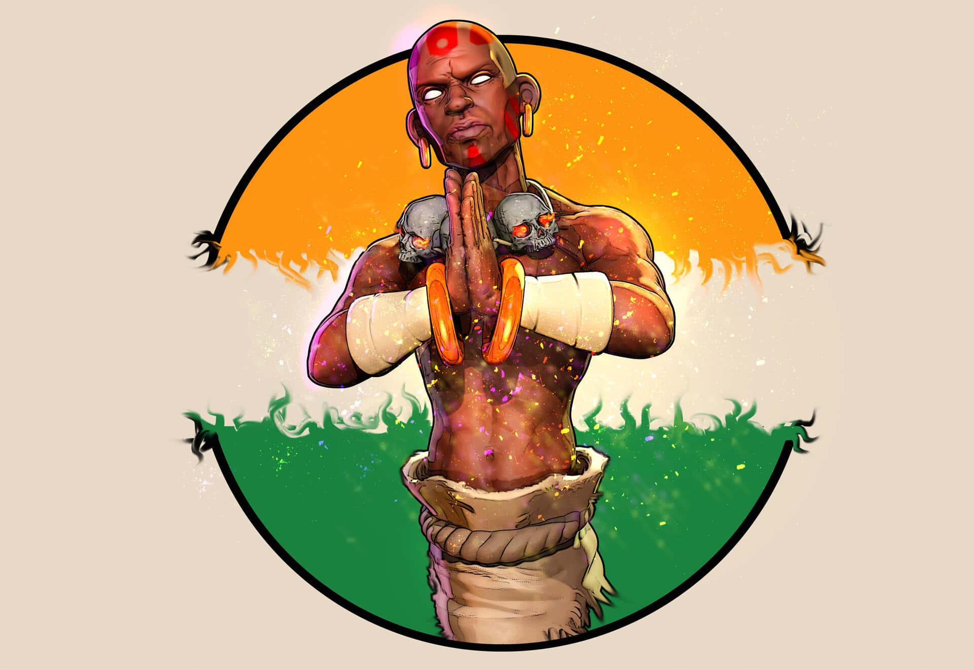Street Fighter Dhalsim, red face paint, skull armbands, Full HD Desktop Wallpaper