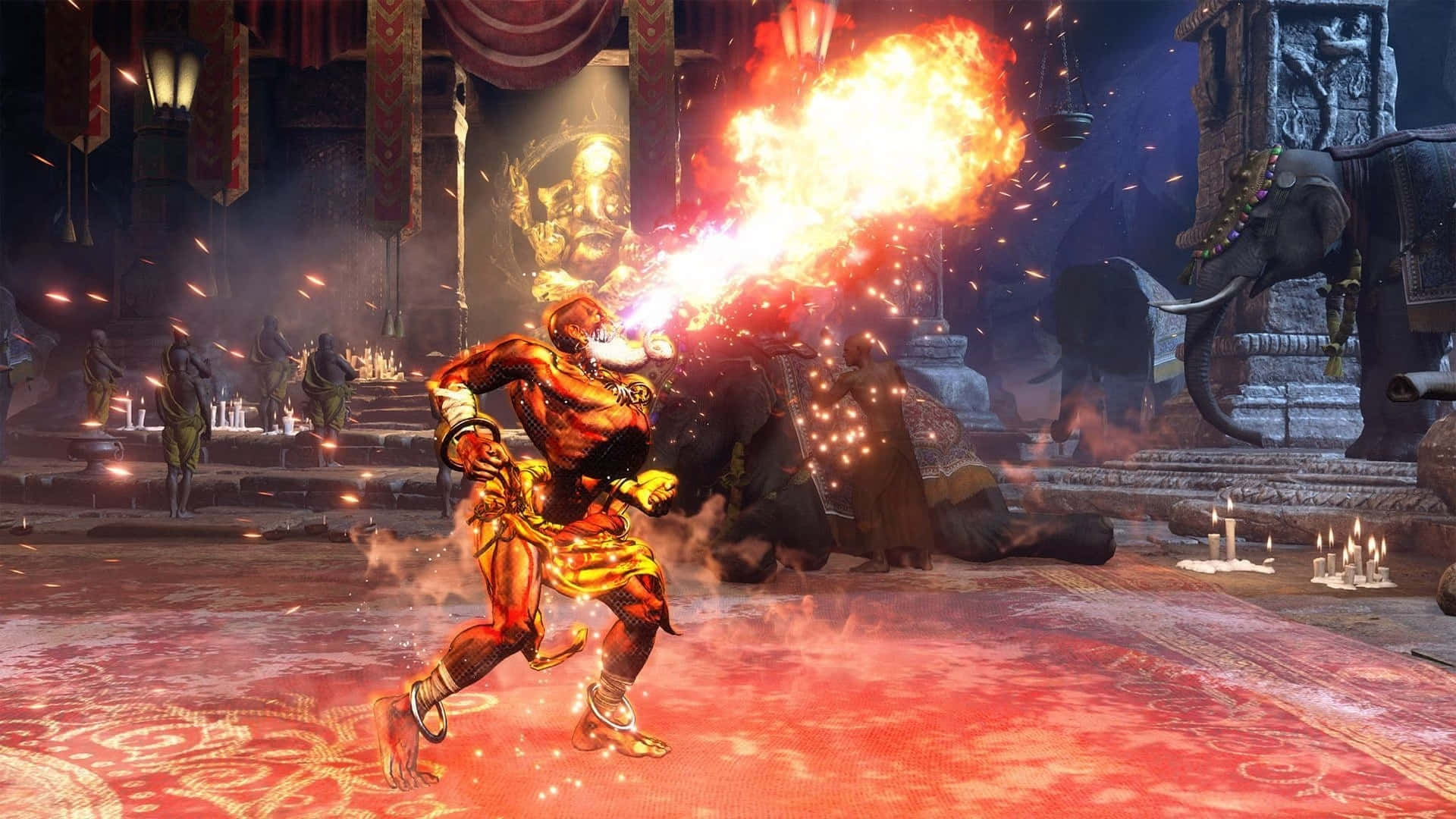 Street Fighter Dhalsim, fire breath attack, red-skinned warrior, Full HD Desktop Wallpaper