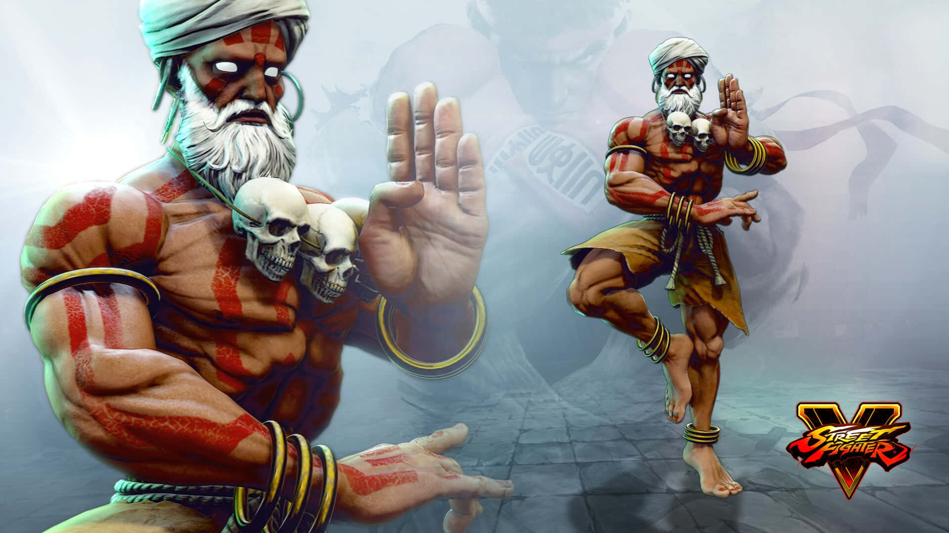 Street Fighter Dhalsim, red body paint, skulls on his chest, Full HD Desktop Wallpaper