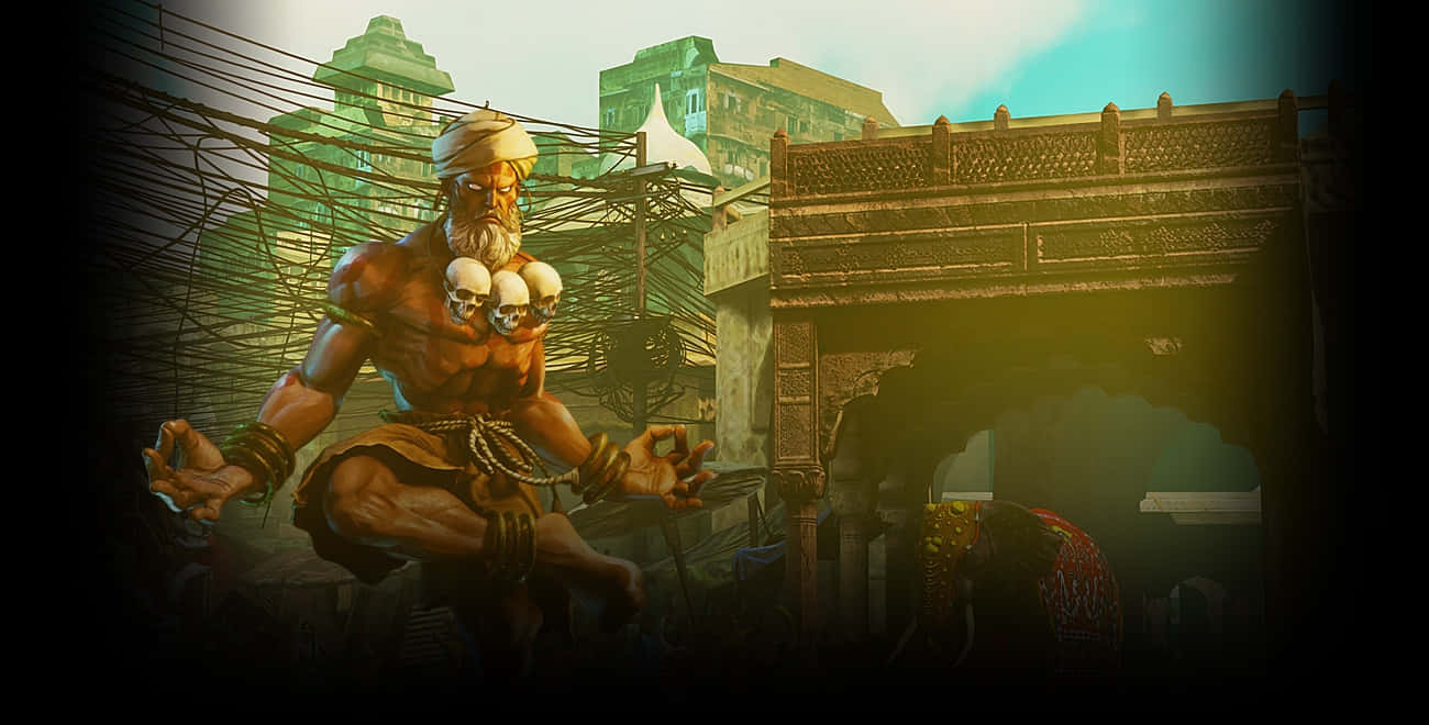 Street Fighter Dhalsim, three skulls on his chest, sunlit urban ruin, HD Desktop Wallpaper
