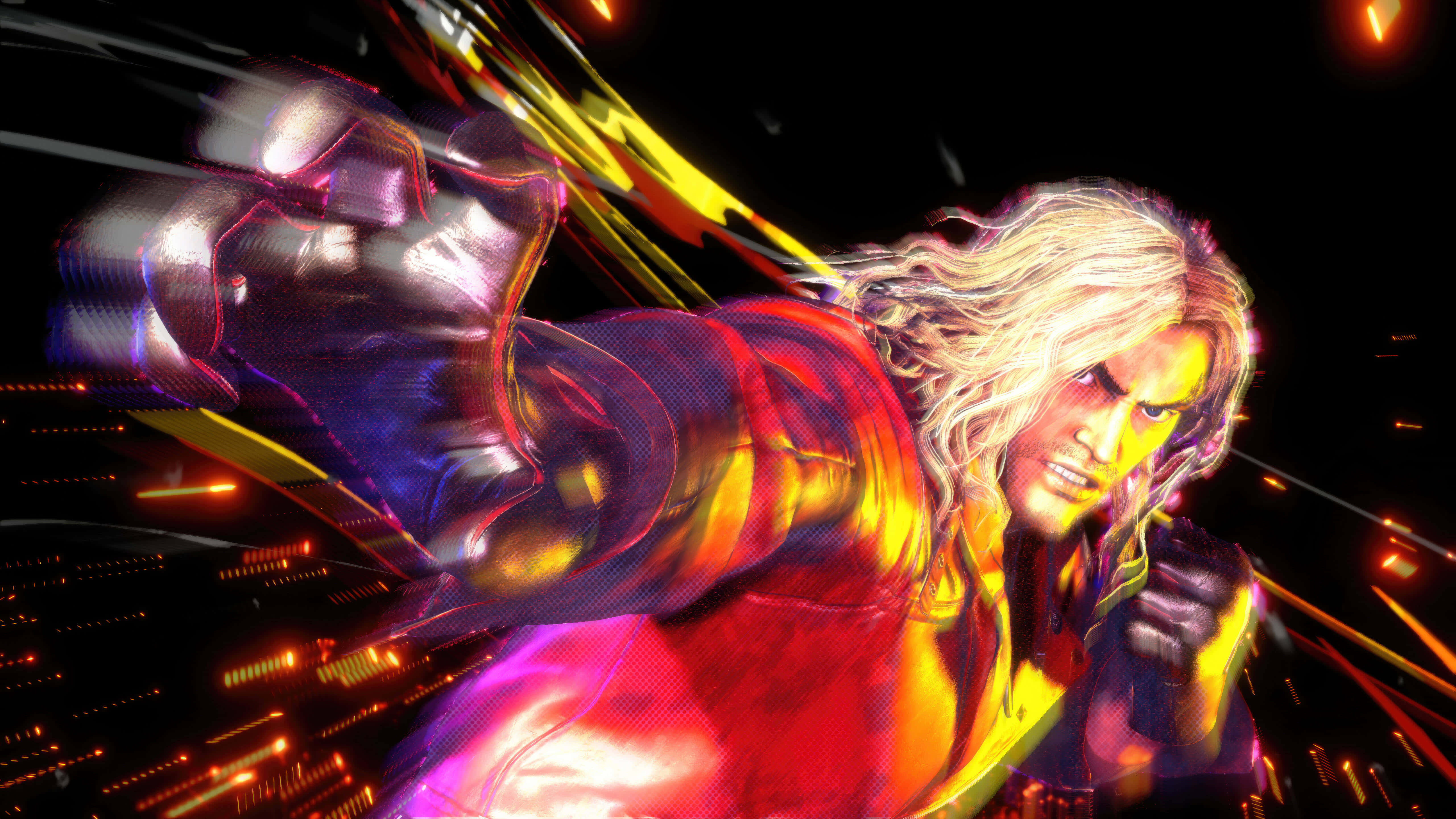 Street Fighter Ken, red jacket, glowing energy streaks, 5K Desktop Wallpaper