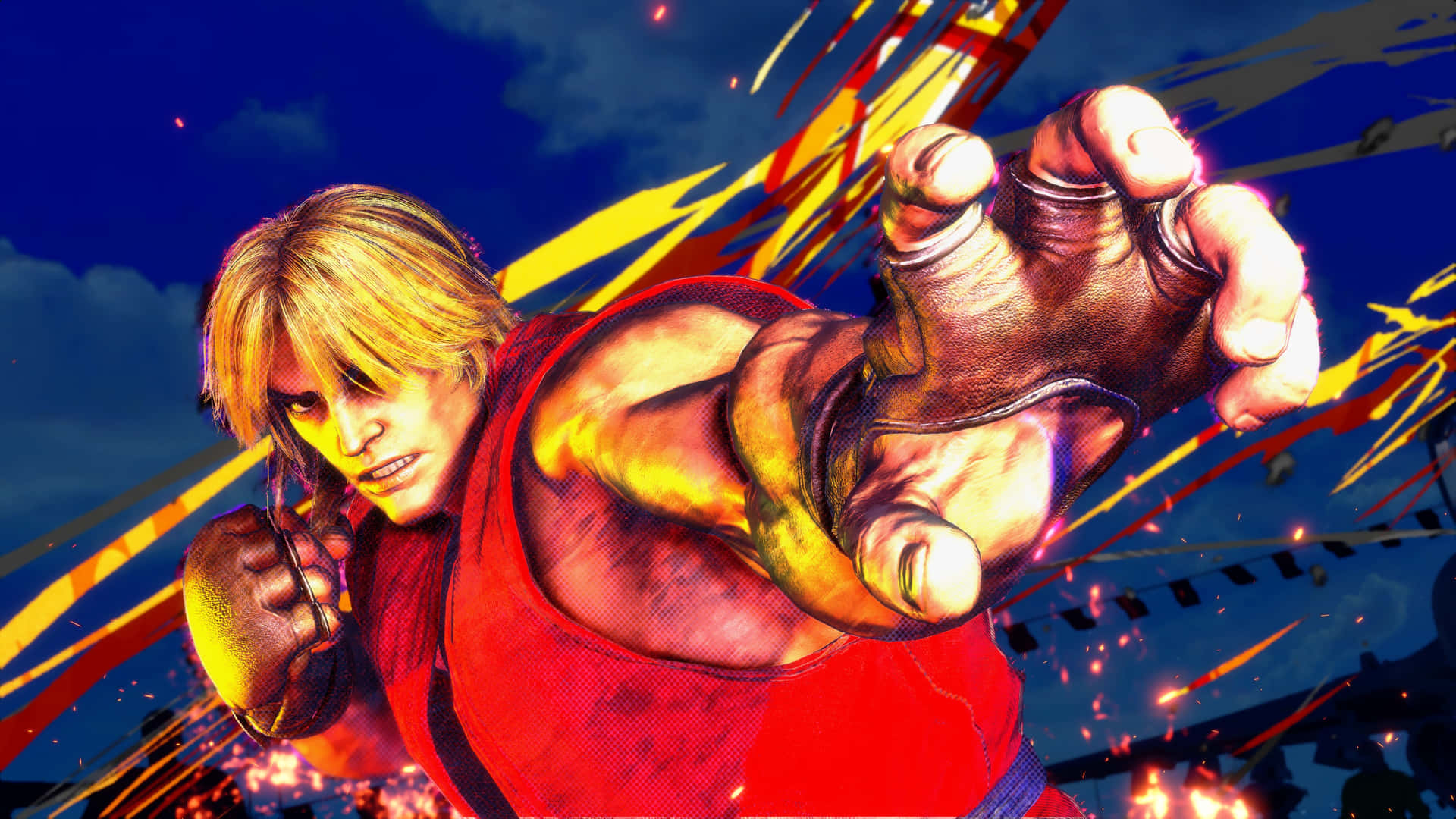 Street Fighter Ken, red tank top, glowing energy streaks, Full HD Desktop Wallpaper