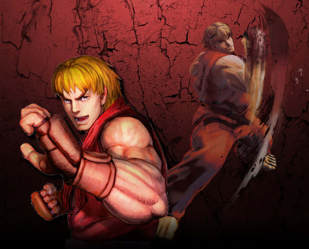 Street Fighter Ken, red gear, cracked red wall, SD Desktop Wallpaper