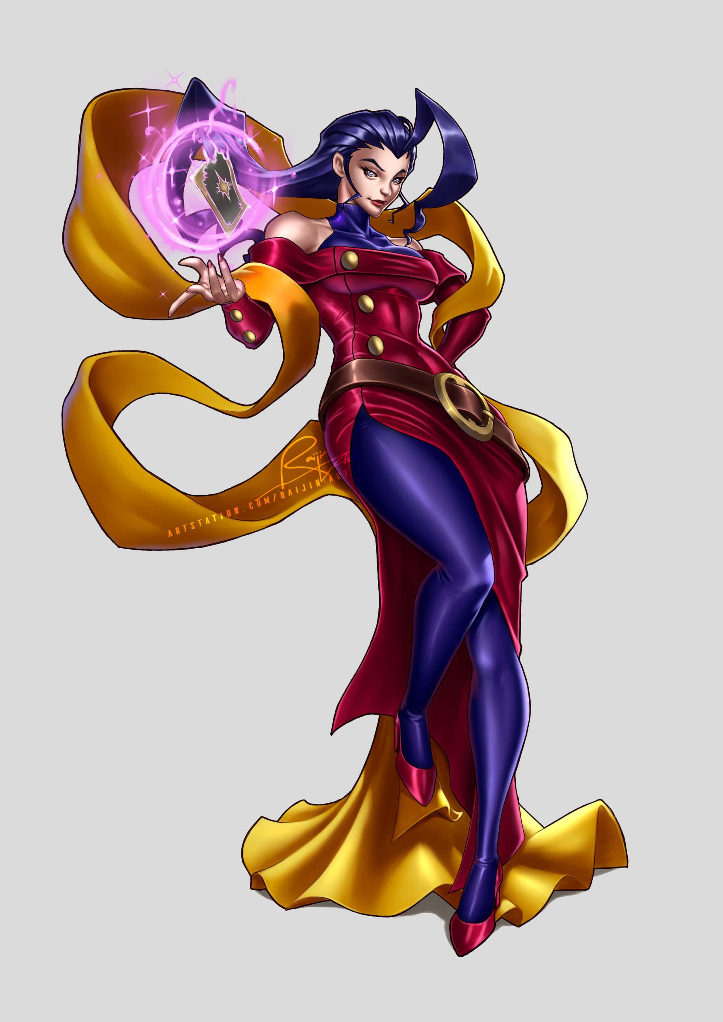 Street Fighter Rose, red and purple outfit, glowing purple orb, 2K Phone Wallpaper