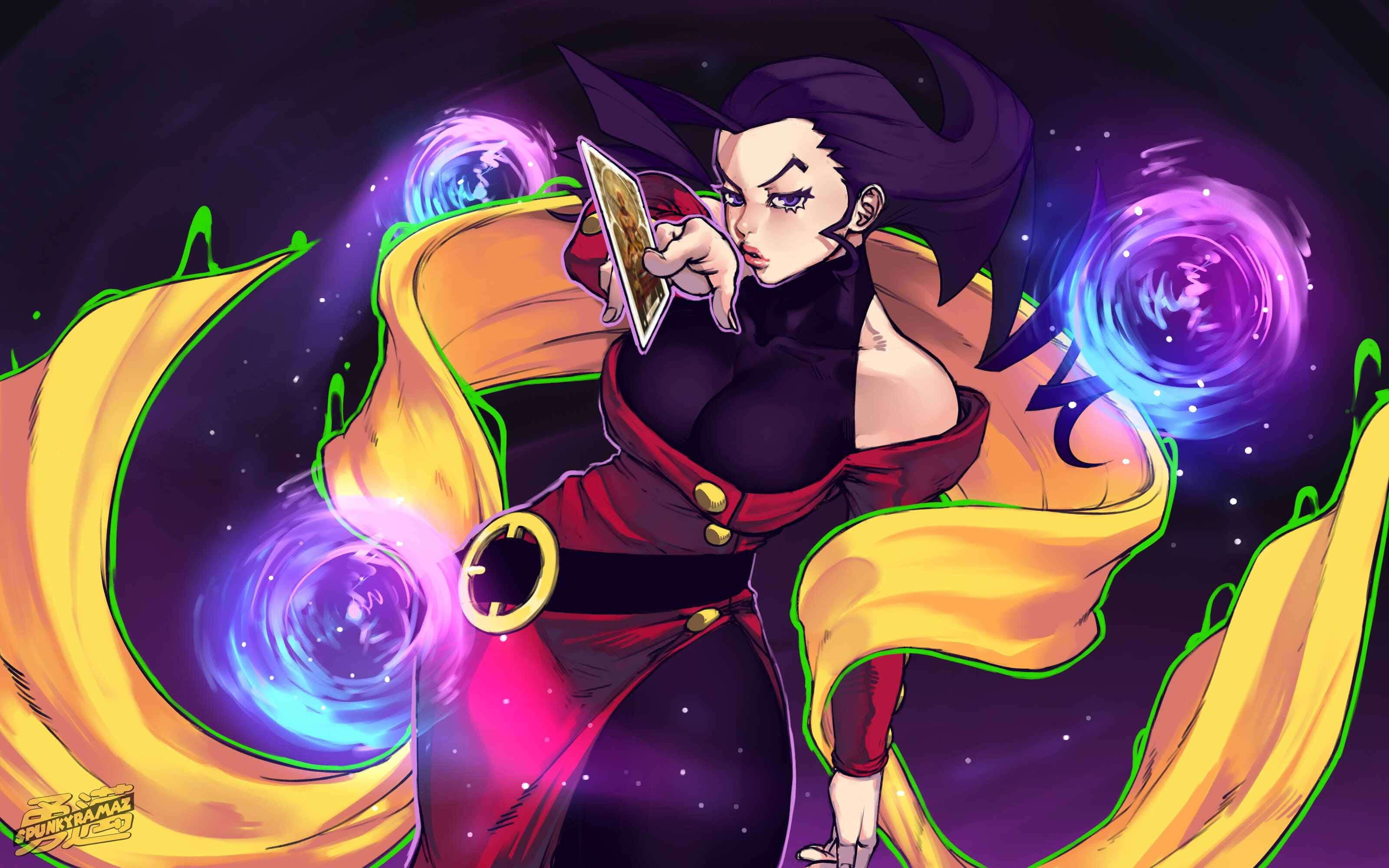Street Fighter Rose, purple hair, glowing card, 2K Desktop Wallpaper