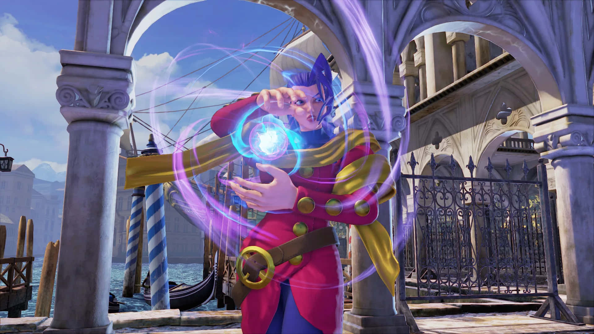 Street Fighter Rose, purple-haired mage, red and gold outfit, Full HD Desktop Wallpaper