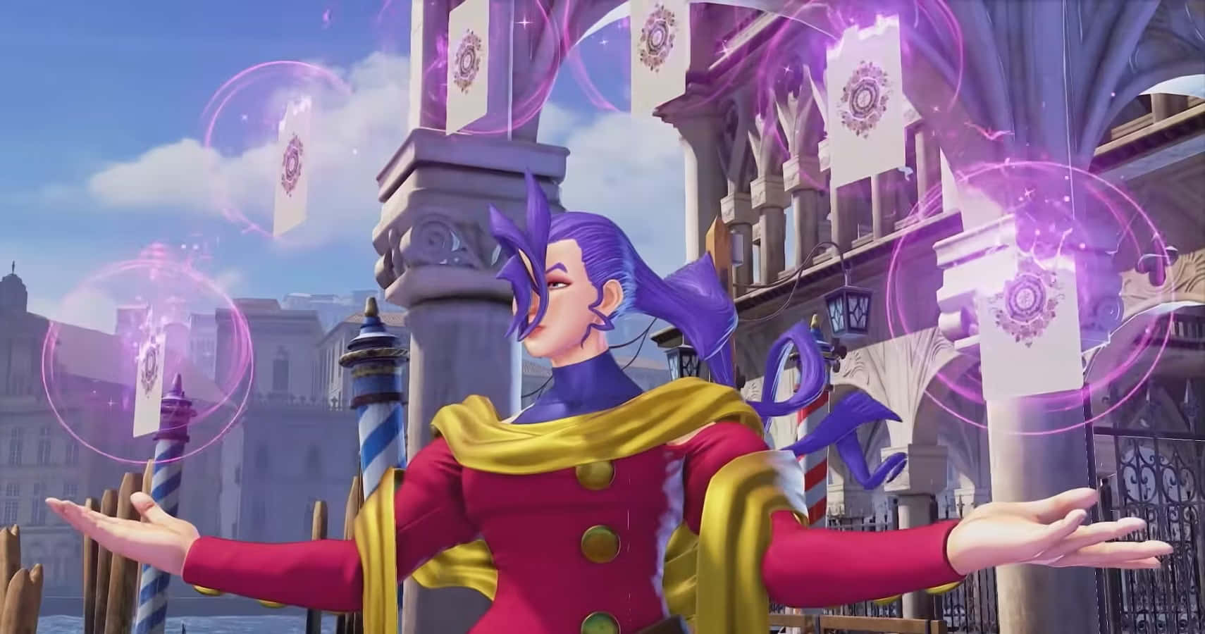 Street Fighter Rose, purple-haired character, red and gold robes, HD Desktop Wallpaper