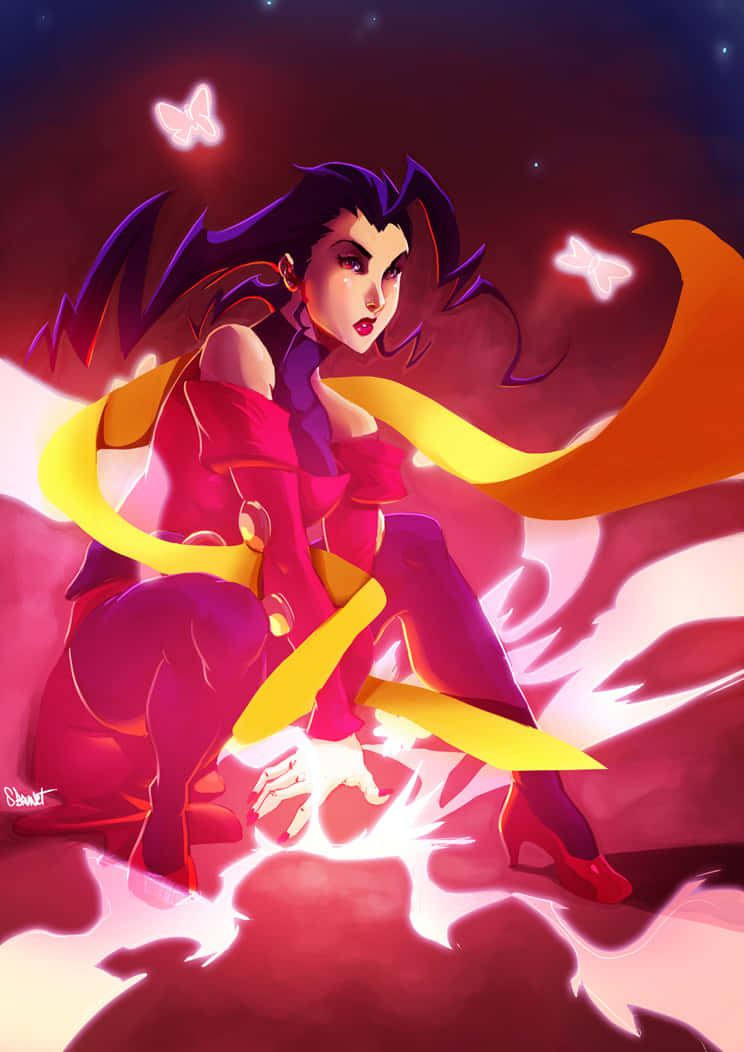 Street Fighter Rose, mystical power, glowing pink and purple cosmic scene, SD Phone Wallpaper
