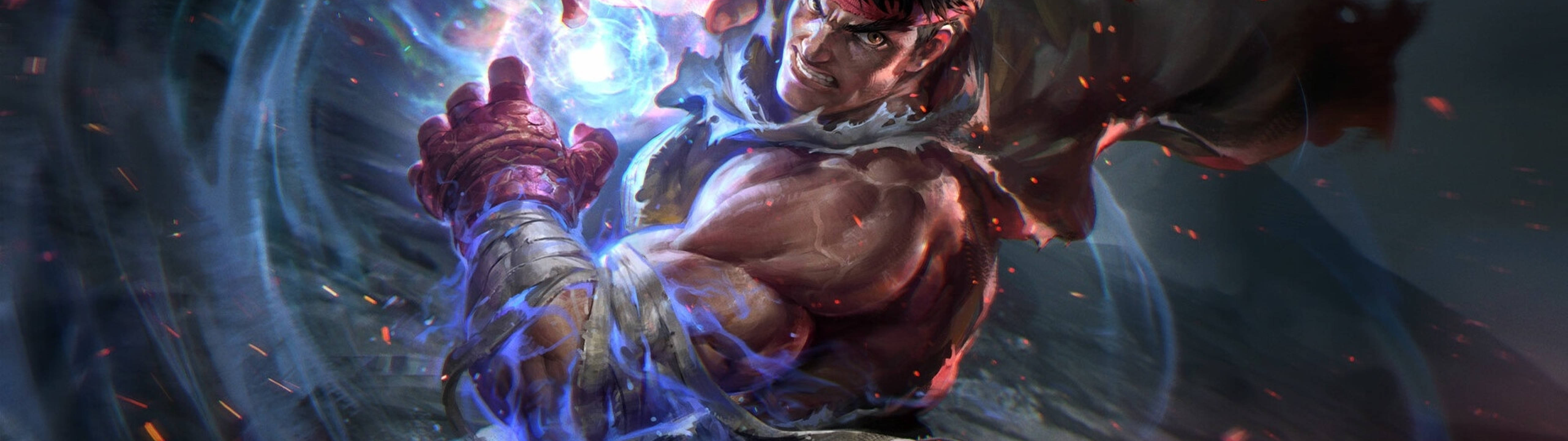 Street Fighter, Ryu, glowing blue energy, 5K Desktop Wallpaper