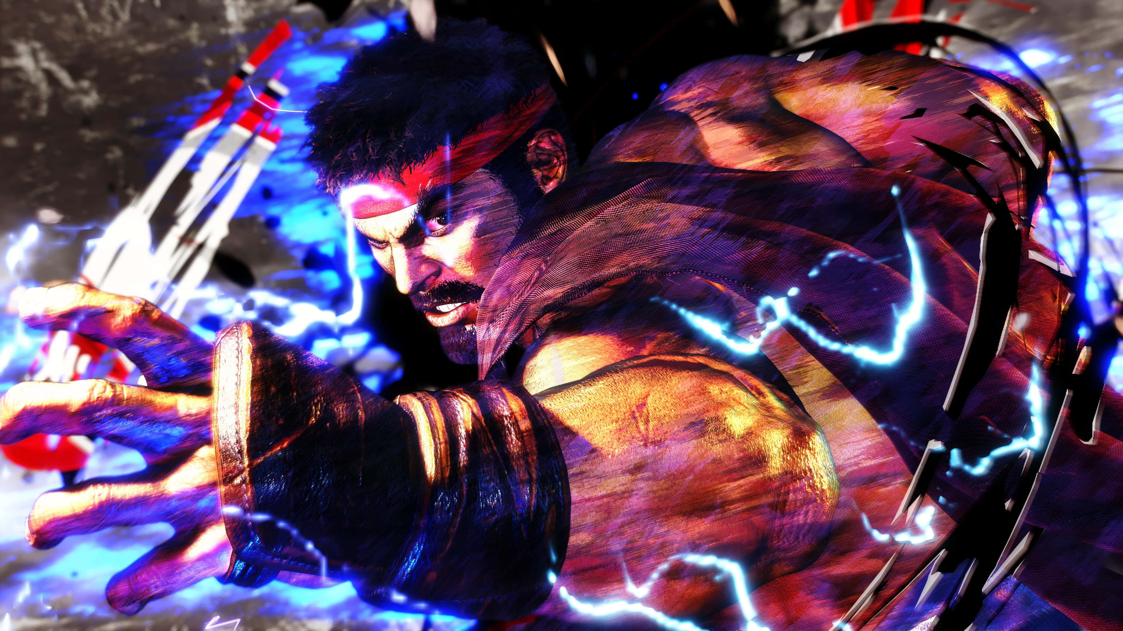 Street Fighter Ryu, red headband, blue lightning energy, 4K Desktop Wallpaper