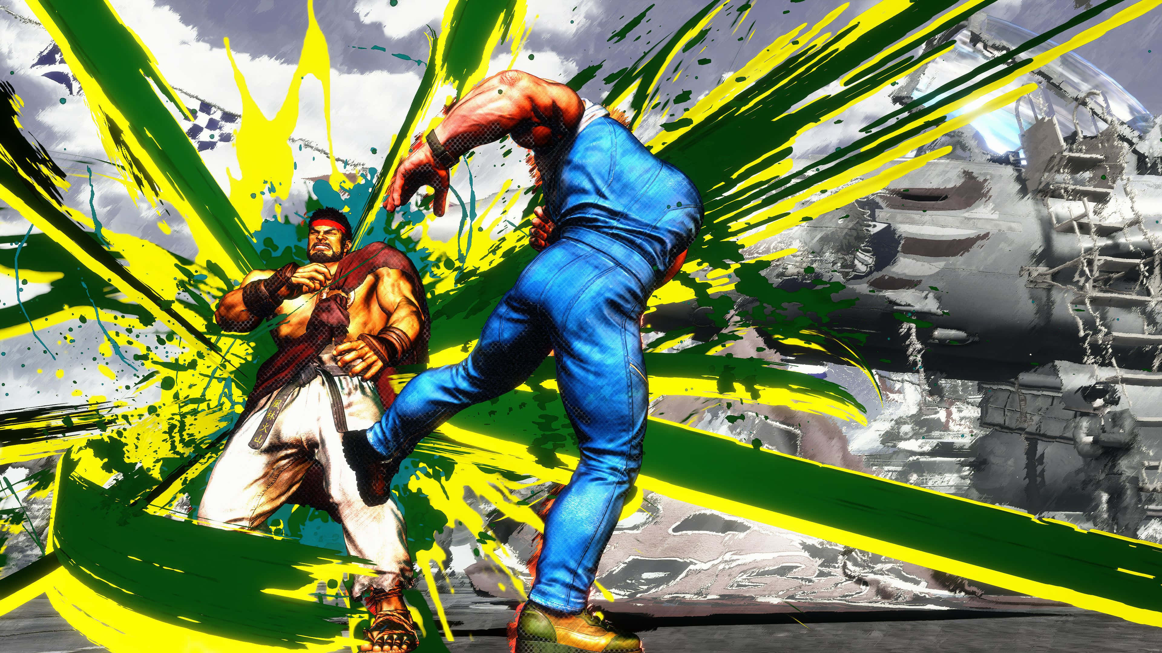 Street Fighter Ryu, gritty urban arena, explosive yellow and green paint splatters, 4K Desktop Wallpaper