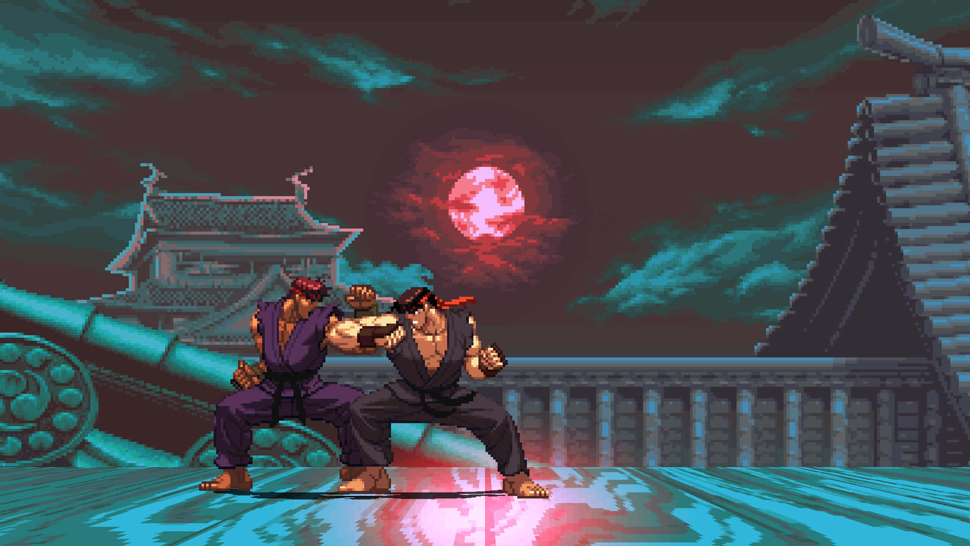 Street Fighter Ryu, mirror match, blood red moon, Full HD Desktop Wallpaper