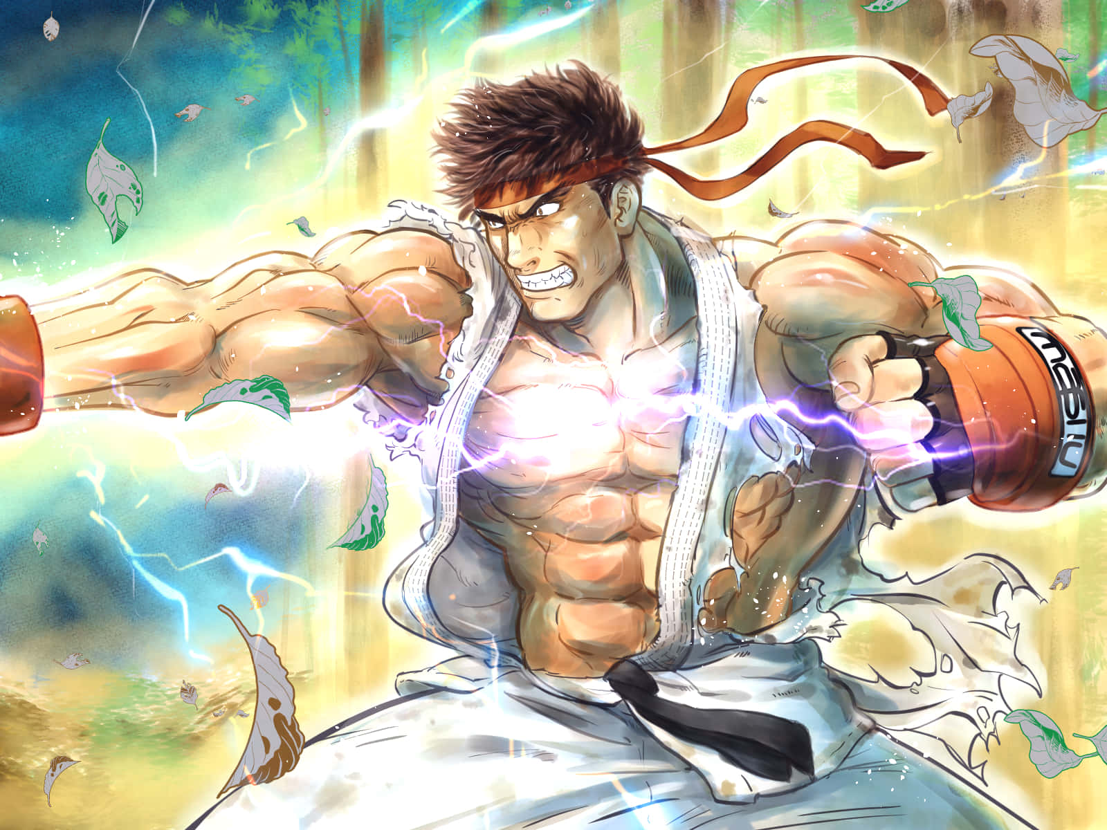 Street Fighter Ryu, red headband, glowing electric punch, HD Desktop Wallpaper